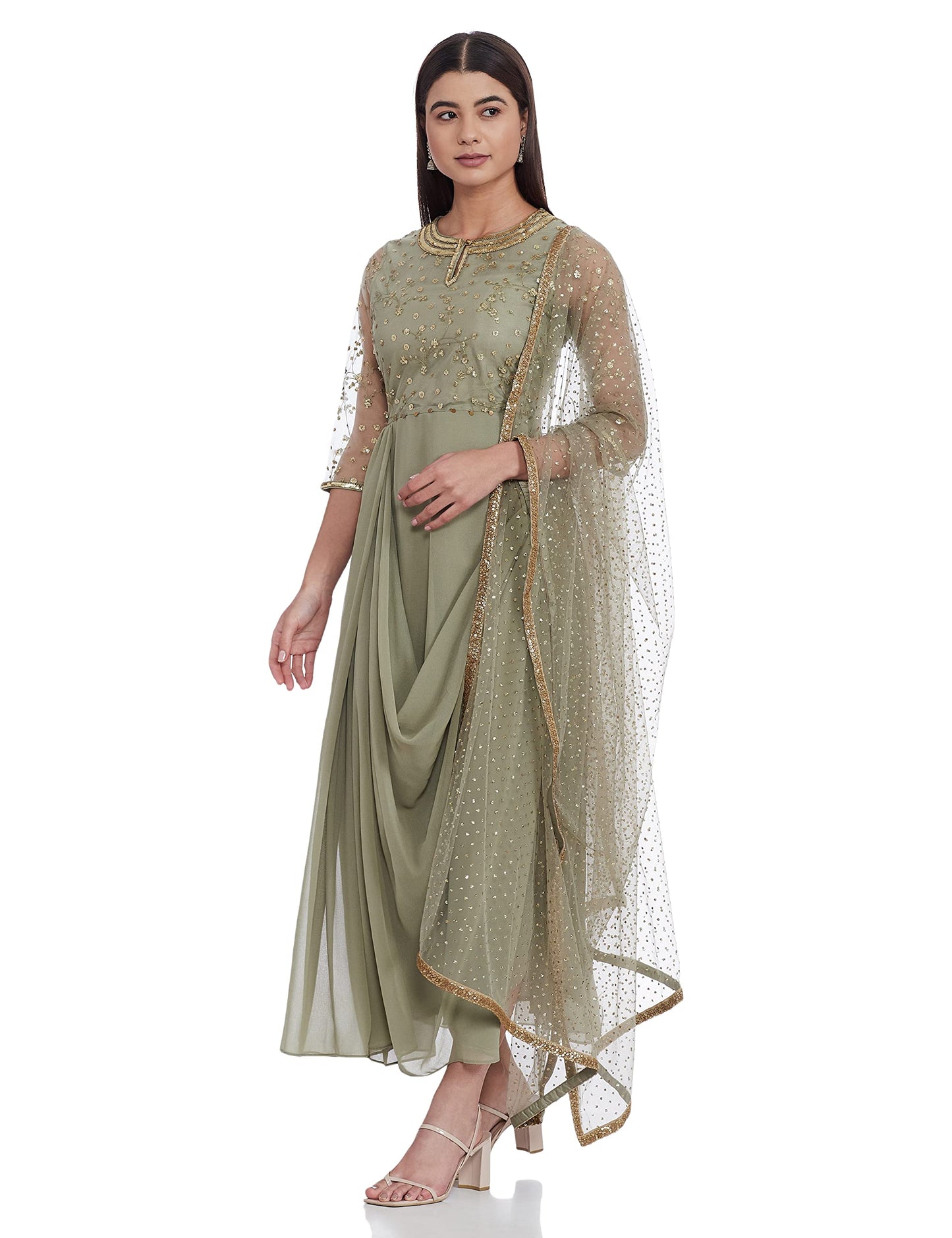 W for Woman Women's Synthetic Salwar Suit Set (19AUSP10429-400008_Green_8 (Small))