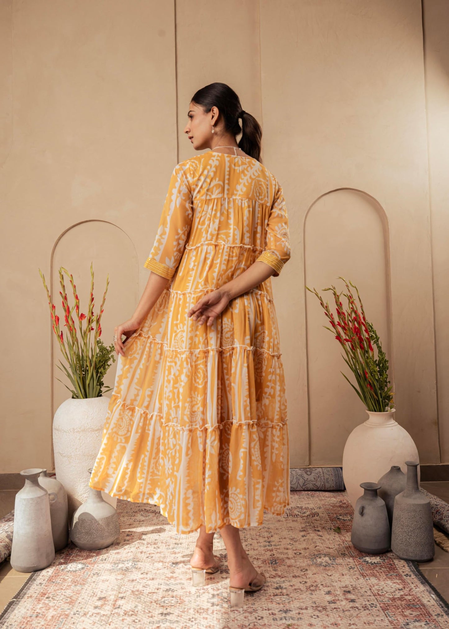 Juniper Mustard Ethnic Motifs Printed Man Made Fiber Tiered Long Dress