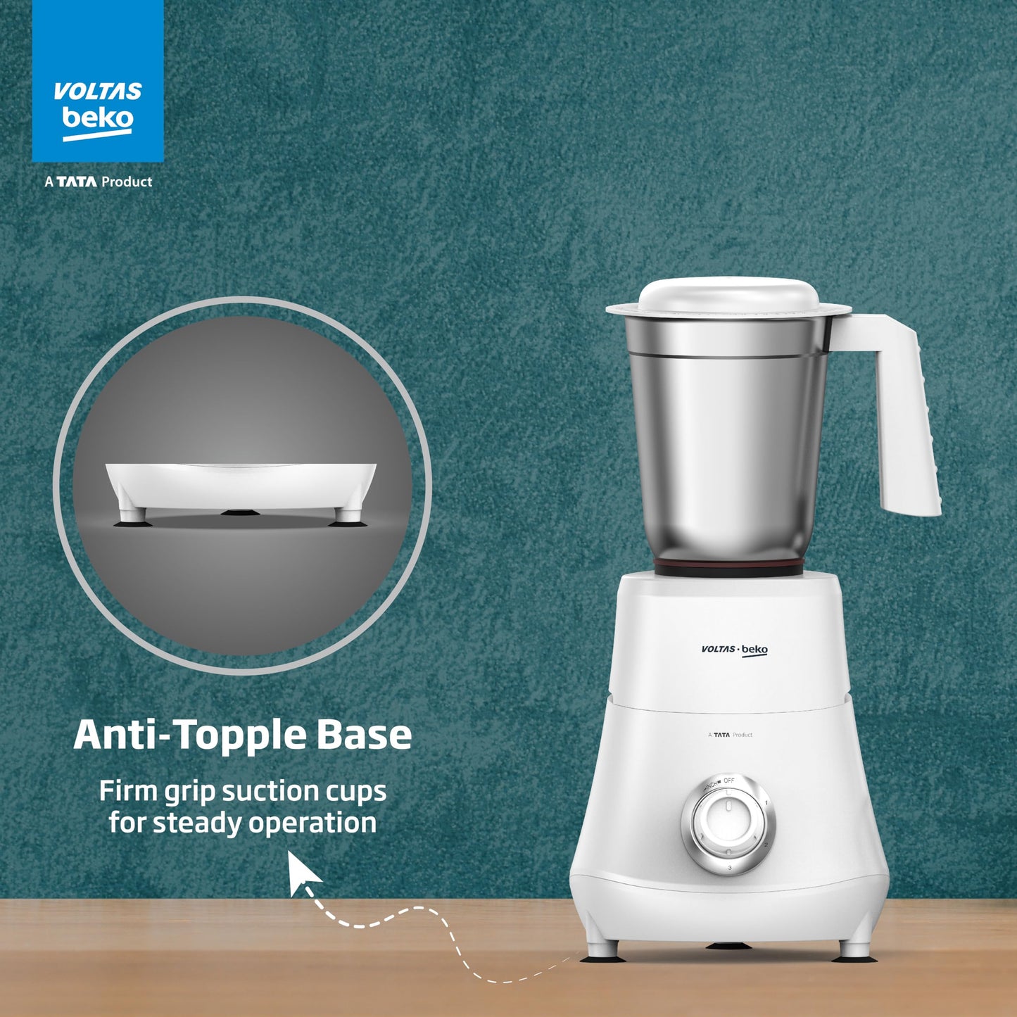 Voltas Beko, A Tata Product Powerfull 500 W Mixer Grinder with GrindX Technology (G5003HP-WH | 3 Jars | White)