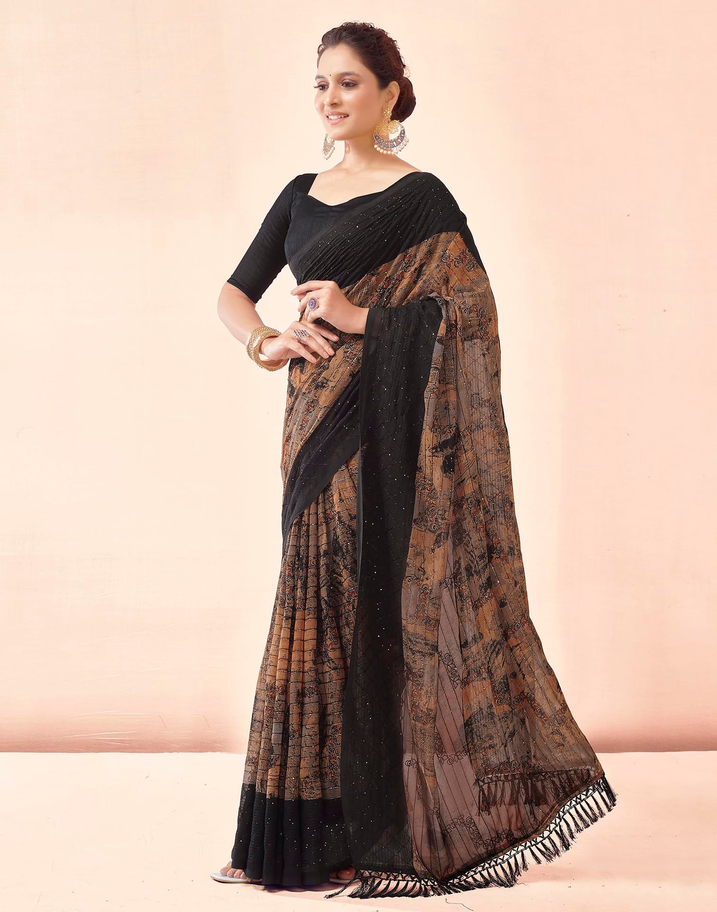 SIRIL Women's Georgette Printed Sequence Work, Saree With Unstitched Blouse Piece (3476S711A_Black)