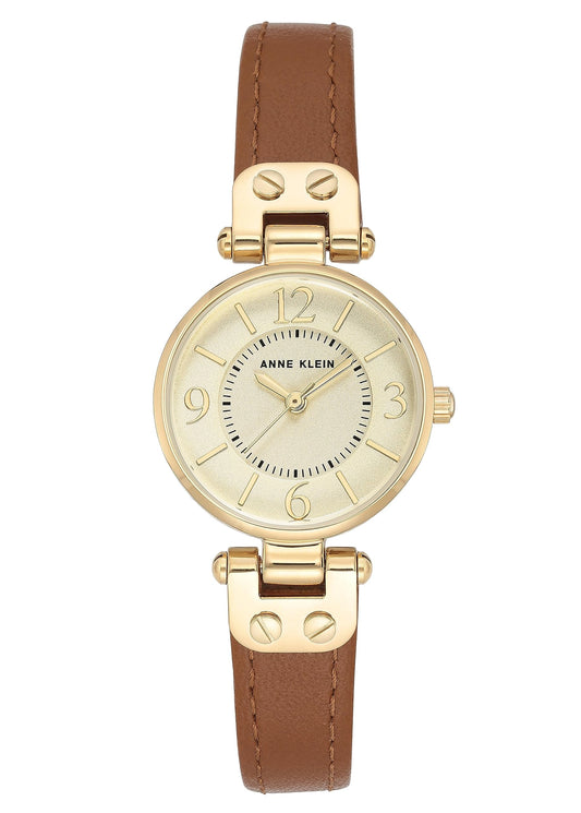 Anne Klein Analog Women's 109442Chhy Gold-Tone Champagne Dial and Brown Leather Strap Watch