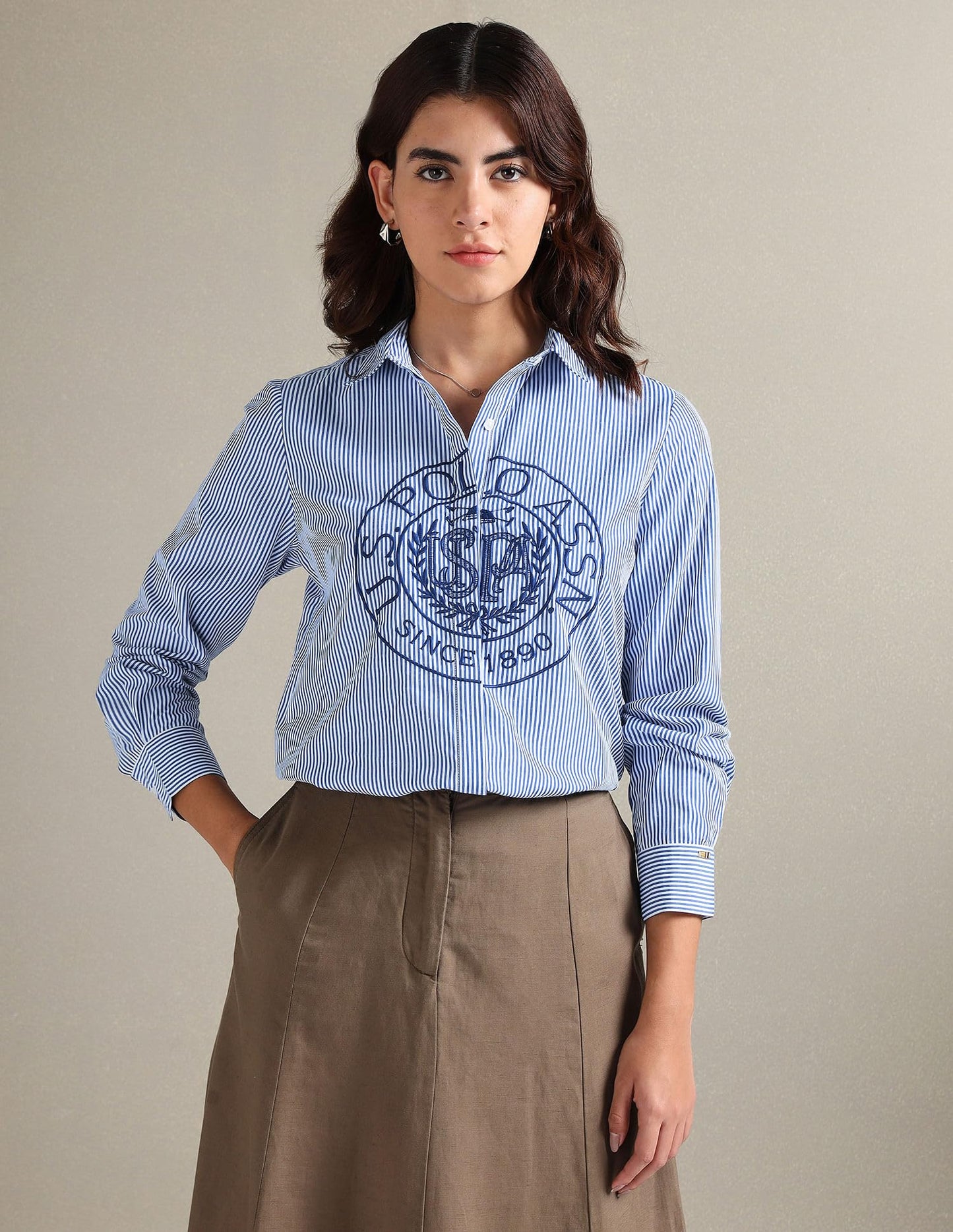 U.S. POLO ASSN. Women's Vertical Stripe Embroidered Shirt (UWAW23SH040_Blue_XL)