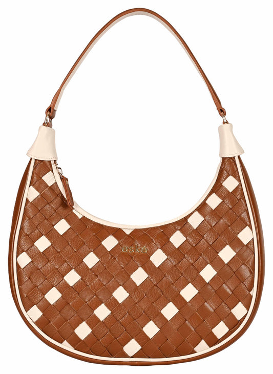 eske Elena Genuine Leather Half Moon Braided Shoulder Bag (Cognac Vanilla)