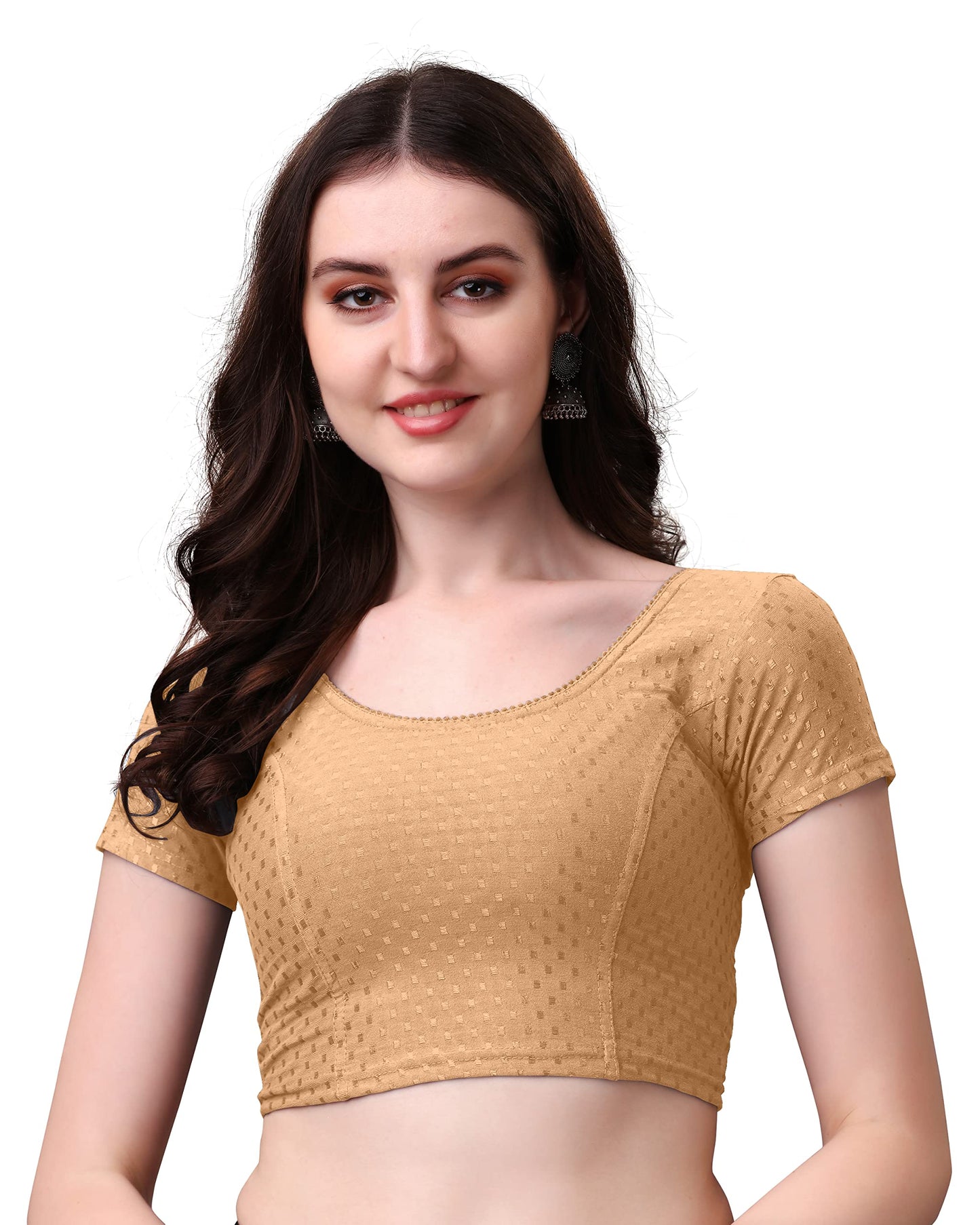 Kipzy Women's Cotton Stretchable Saree Blouse – Round Neck, Short Sleeves, Readymade Slim Fit Blouse for Women 40 Beige