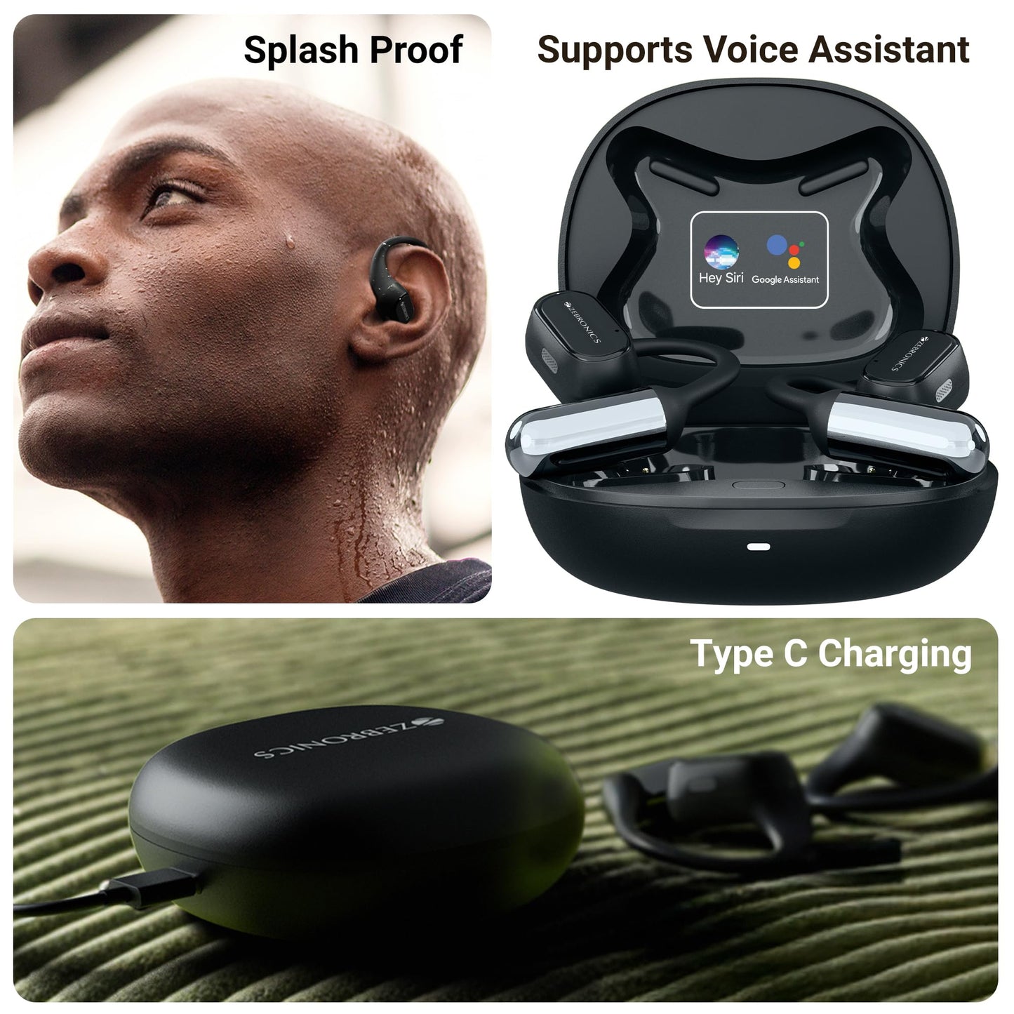 ZEBRONICS PODS O, Wireless Open-Ear Earbuds, OWS, 40 Hrs Backup, Neodymium Drivers, Ultra Comfort Fit, Quad MIC ENC, Rapid Charging, Bluetooth, Dual Pairing, Flash Connect, Low Latency Gaming (Black)