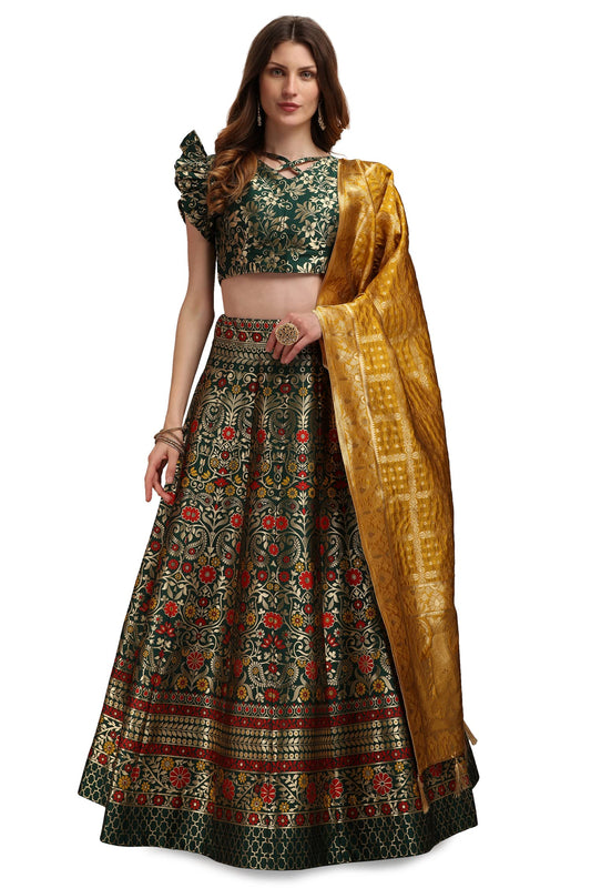 PURVAJA Women's Jacquard Semi-Stitched Lehenga choli (Malika-D-Green_Green_Free Size)