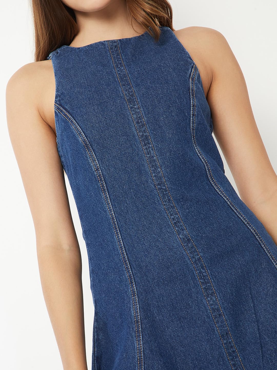 Max Women Solid A-line Dress(Blue_L)