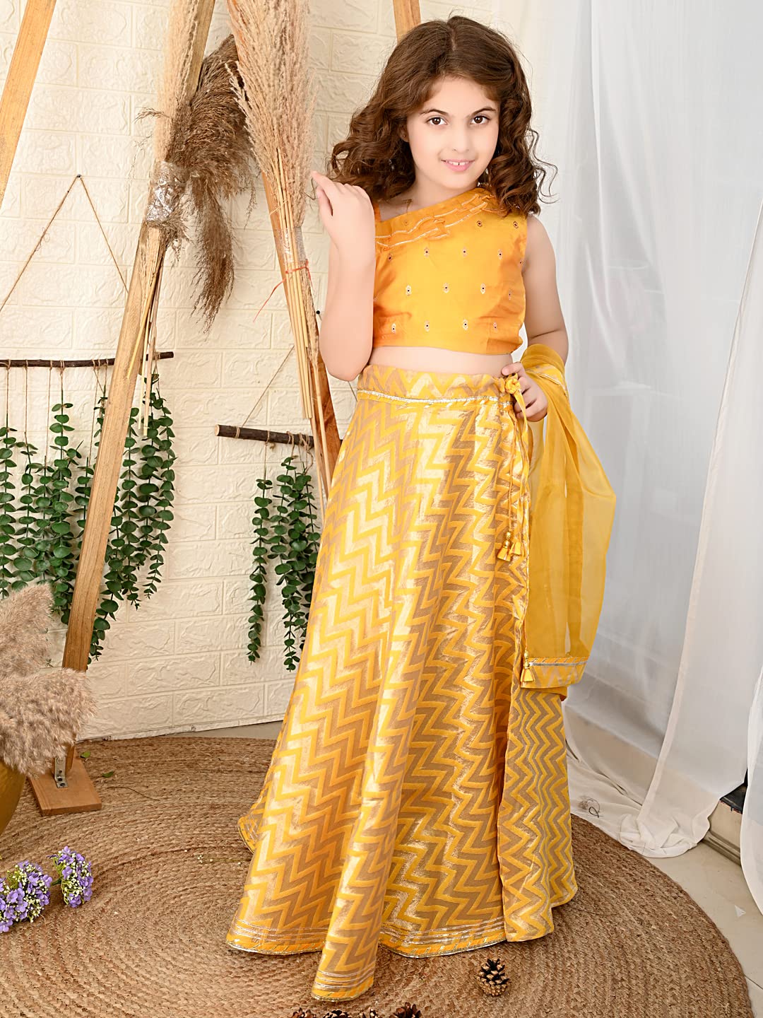 LILPICKS Girls One Shoulder Embellished Choli with Printed Lehenga Set (Yellow) (Size 7-8Y)