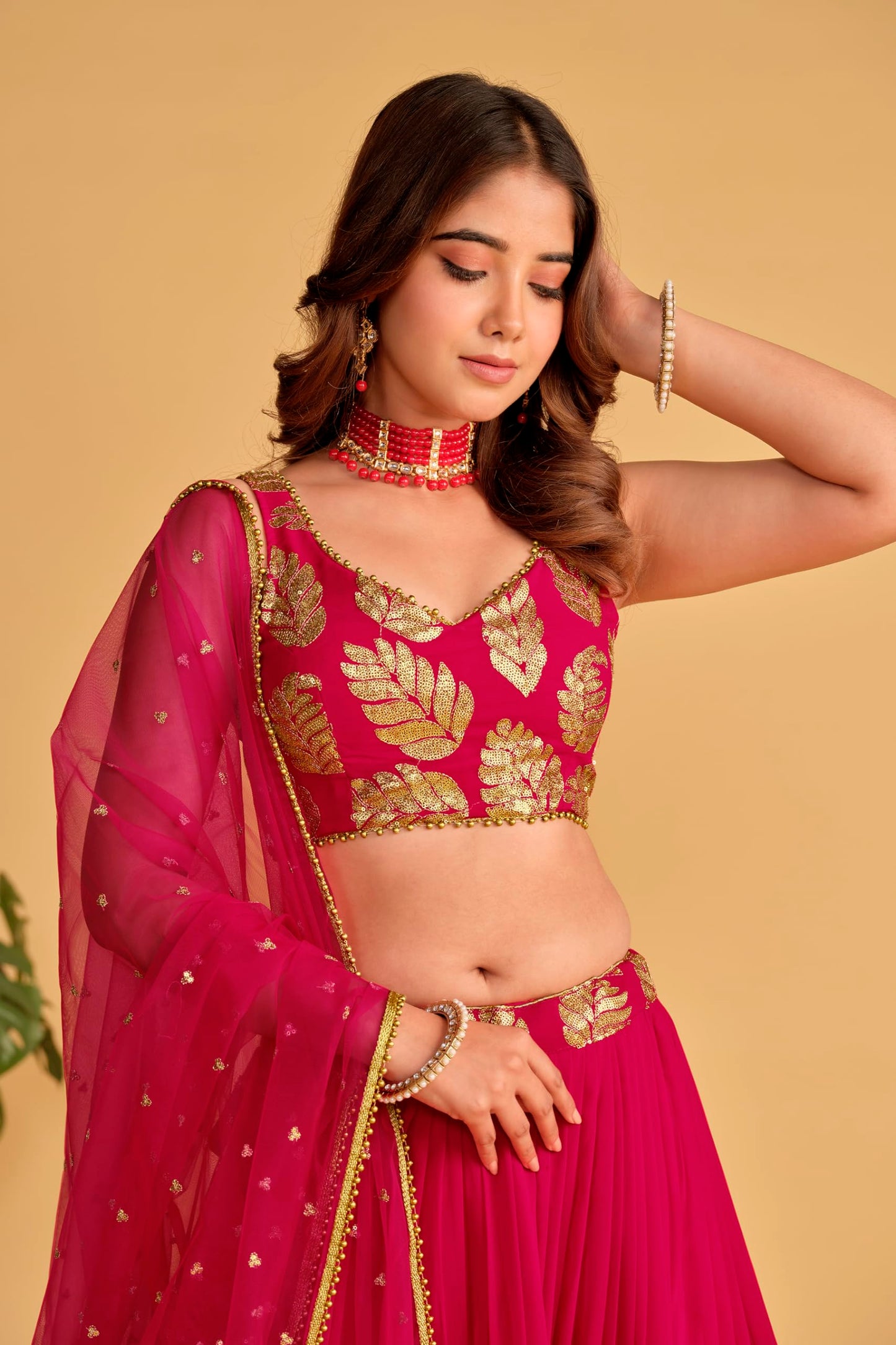 Fashion Basket Pink Georgette Jacquard Lehenga Choli for Women