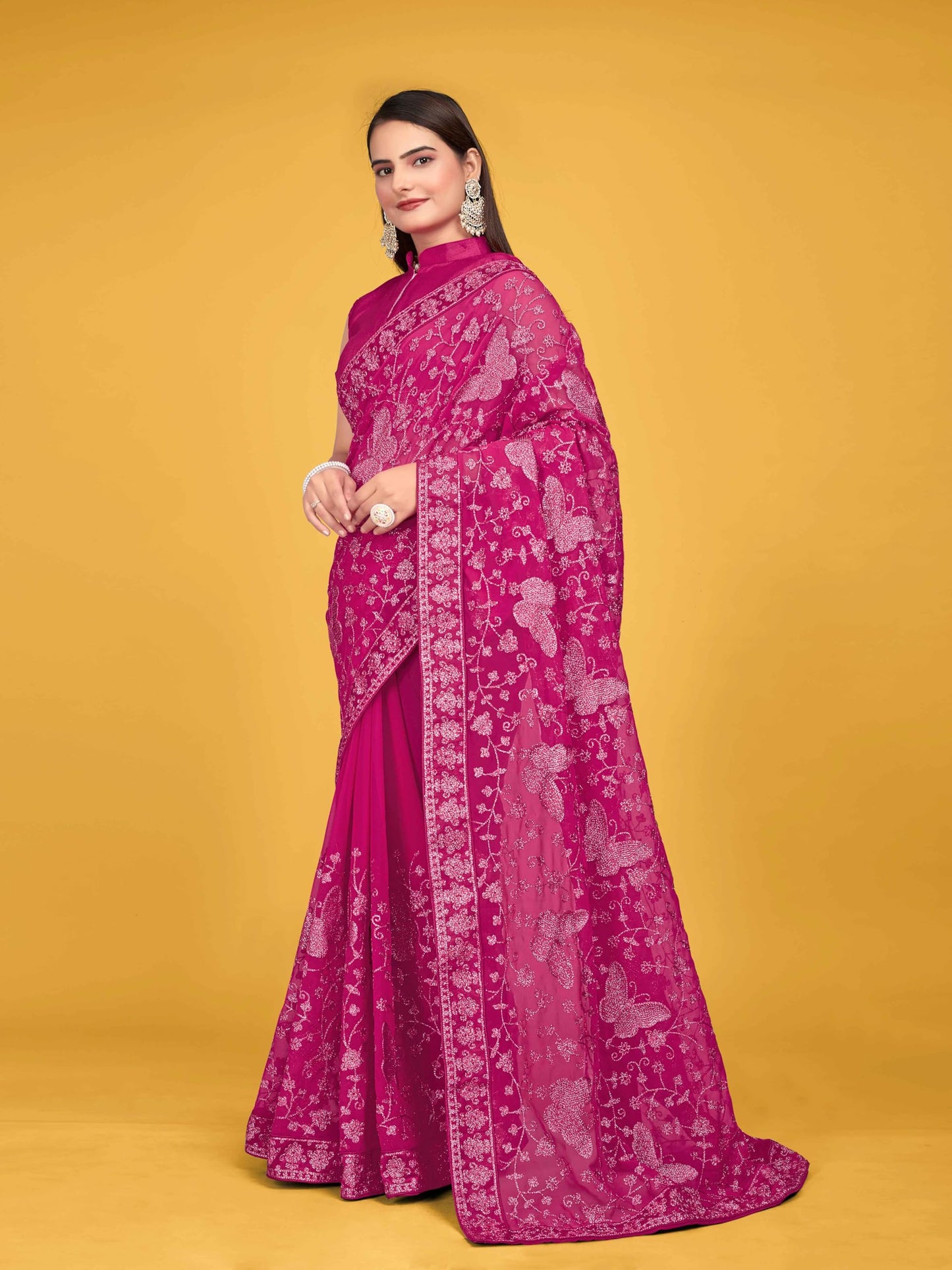 MANOHARI Women Georgette Most Trendy Embroidery Pink Saree With Blouse Piece