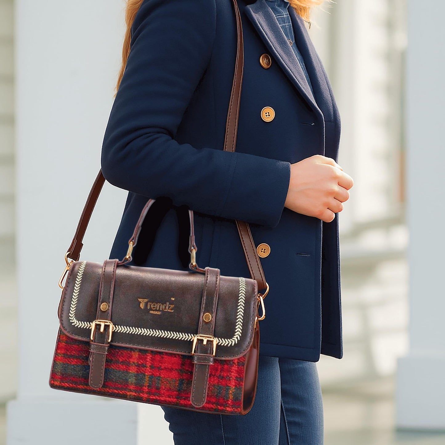 Trendz Firenze Bella Luxe – Womens Handbag, Sling Bag & Satchel | Premium Faux Leather & Fabric Shoulder Crossbody with Top Handle & Long Strap – Compact Luxury Bag