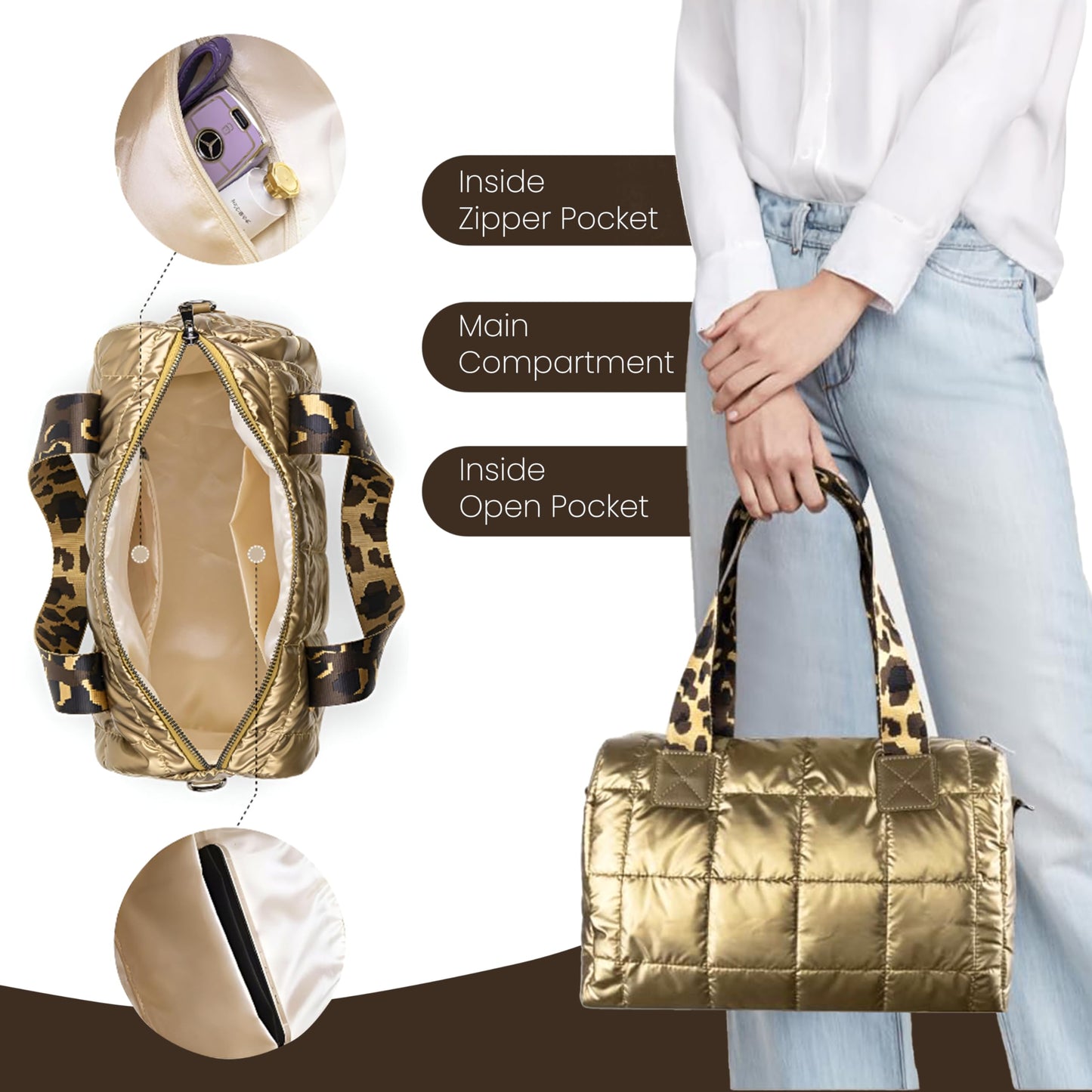 Storite Crossbody Bag, Puffy Purses Top Handle Handbags, Puffer Shoulder Tote Bag for Women - Gold