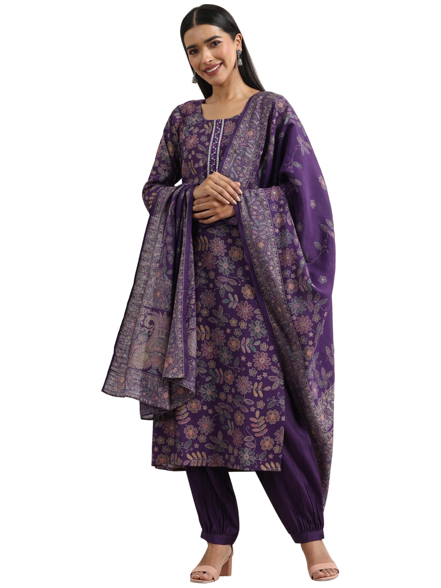 Libas Womens Printed Silk Blend Straight Kurta With Salwar and Dupatta