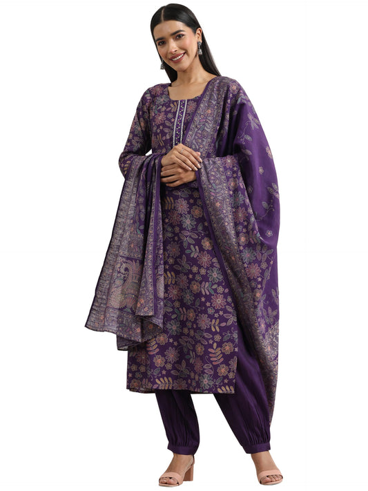 Libas Womens Printed Silk Blend Straight Kurta With Salwar and Dupatta