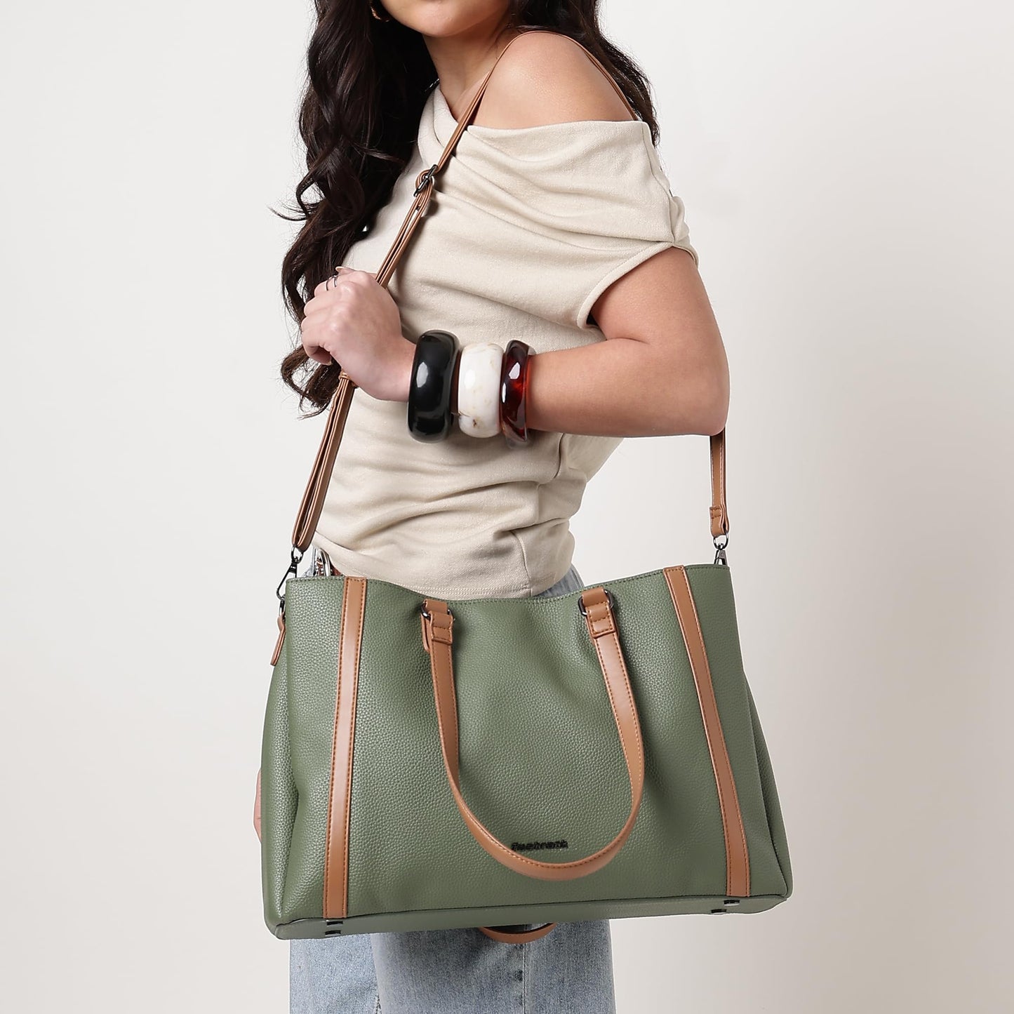 Metro Carry Laptop Tote | Faux-Leather Women's Handbag | Olive with Tan Details | 14" Laptop Compatible | Dual Carry Options | Pebbled Texture