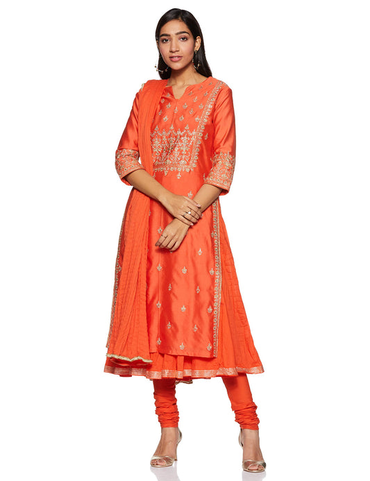 BIBA Women Synthetic YARNDYED FITTED SALWAR KURTA DUPATTA(SKDPRET COL6180_ORANGE_34)