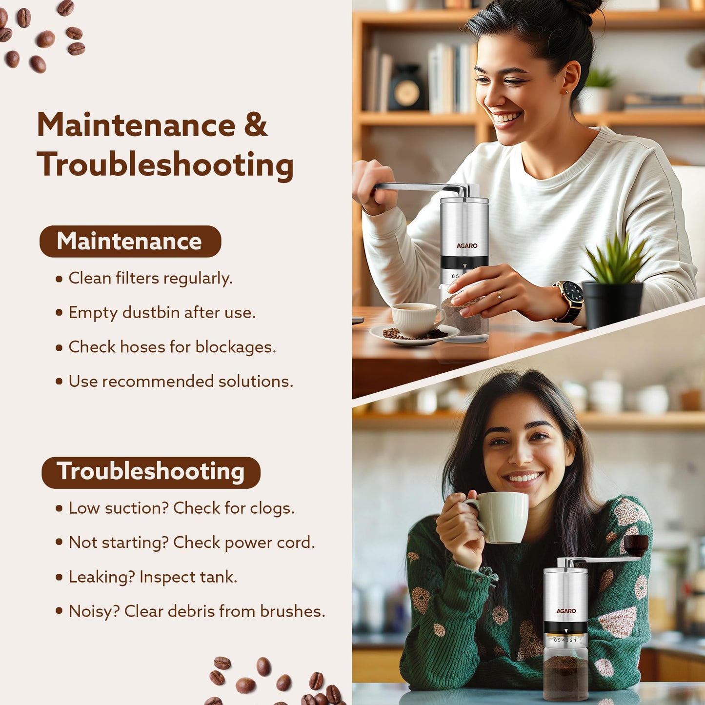 AGARO Elite Manual Coffee Grinder, Ceramic Grinder with Glass jar, 6 Adjustable Settings, Stainless Steel Body, Tooth Handle, No Power, Whole Bean, Drip Coffee, Espresso, Silver