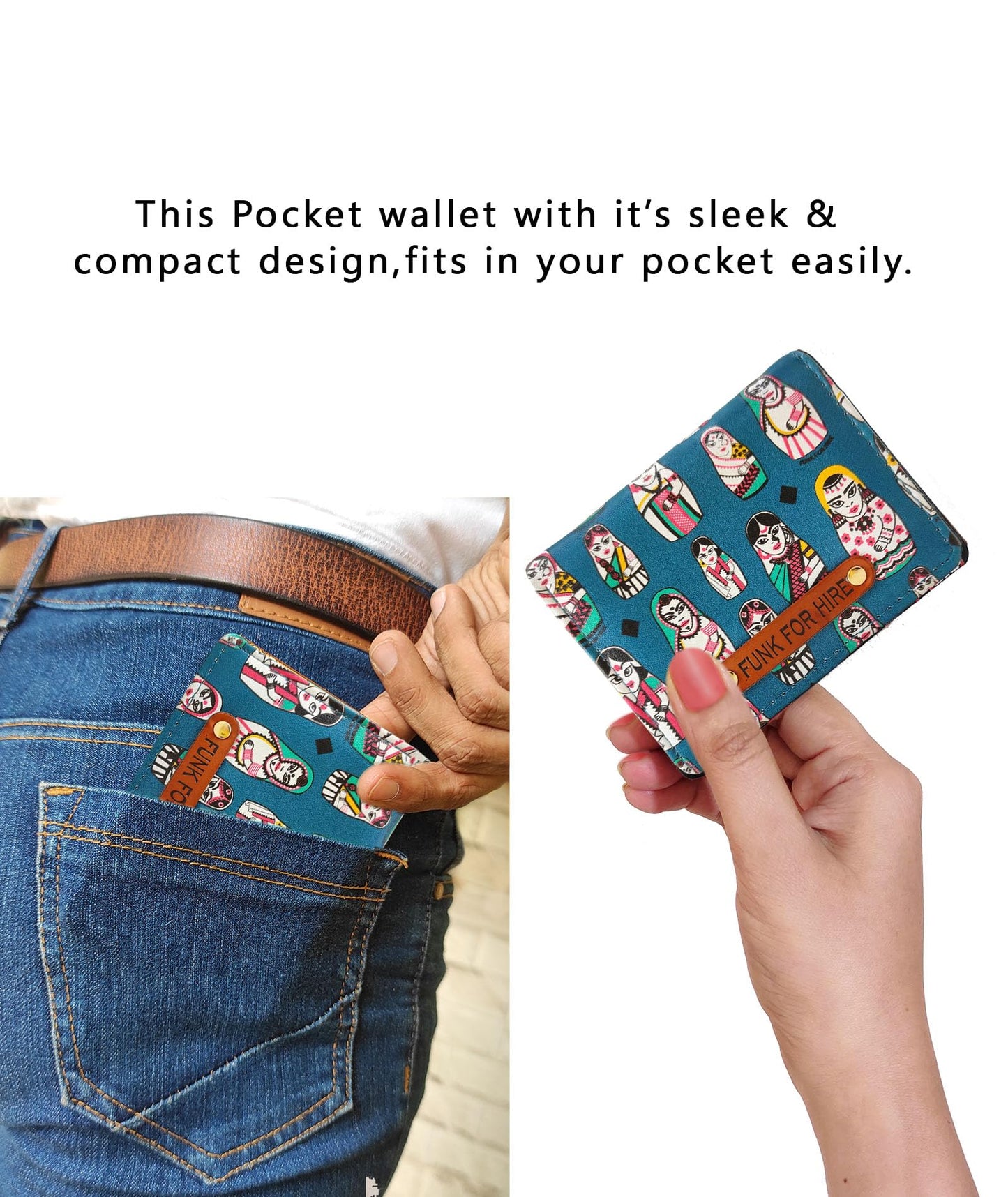 Funk For Hire Unisex Vegan Leather Small Card Wallet Teal Mini Bifold Wallet with 6 Card Slots Cash Compartment & Zipper Coin Pouch Compact Lightweight Durable Faux Leather