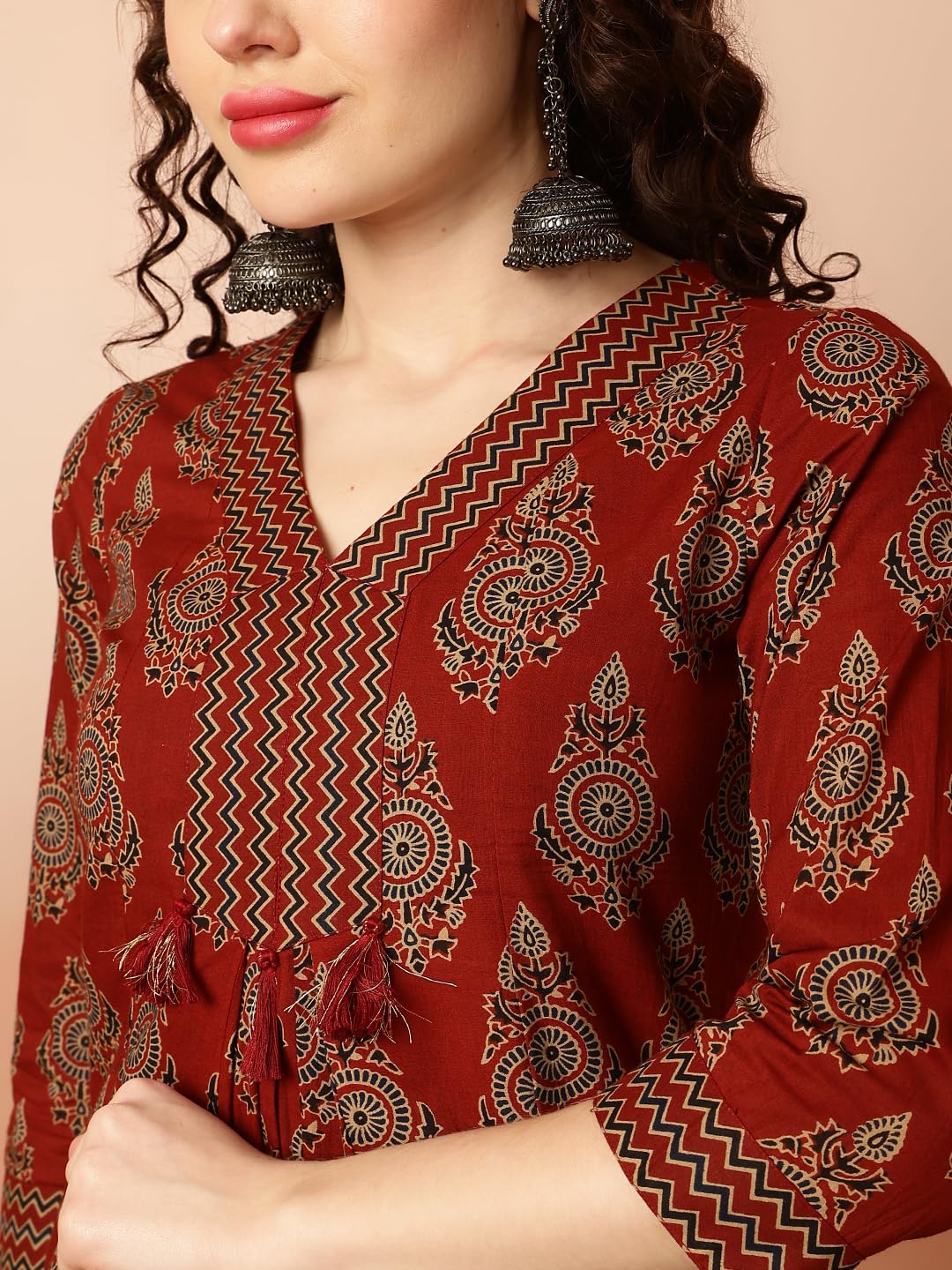 Kimayra Women's Semi-Flared Cotton Maroon V-Neck Kurta with Plazzos and Dupatta (AZ_KIM5173PC3MAROON