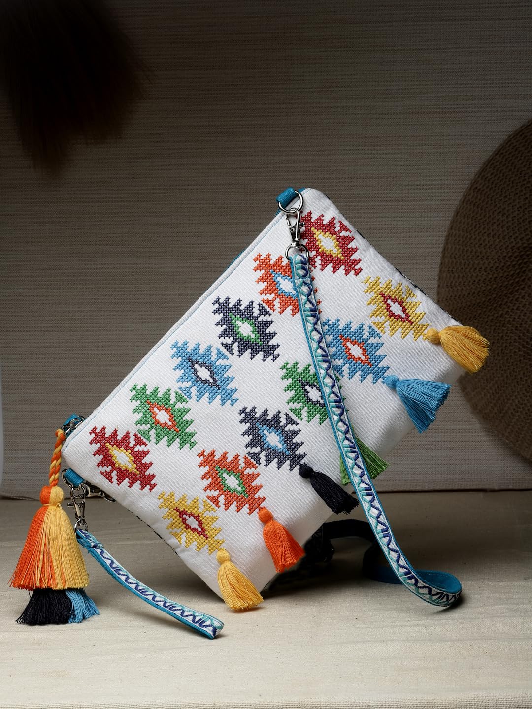 Anekaant Boho White & Multi Aztec Embroidered Cotton Canvas Sling Bag