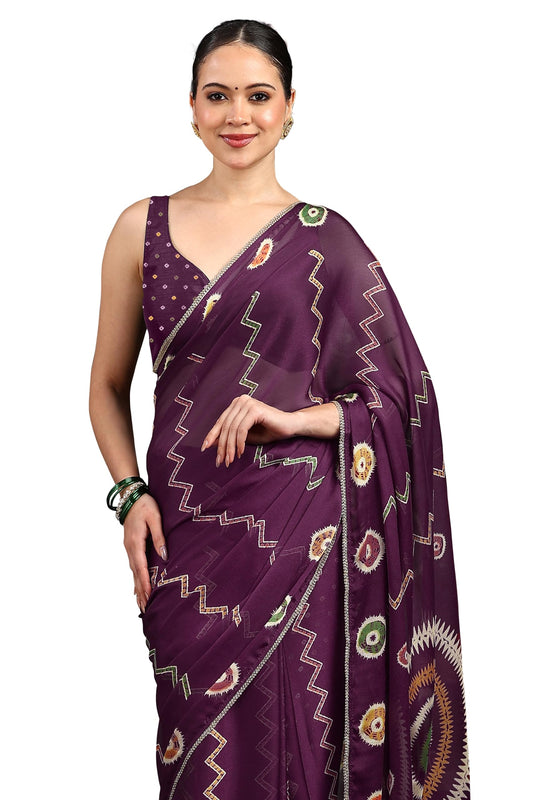 MIRCHI FASHION Women's Chiffon Chevron Block Printed Saree with Blouse Piece (50724 - Dark Magenta, Multicolor)