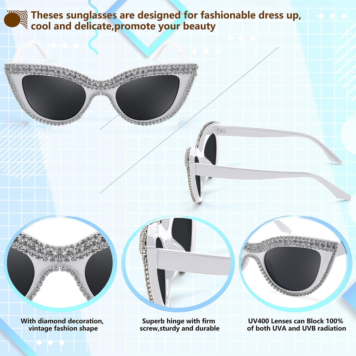 FEISEDY Women Oversized Diamond Sunglasses Fashion Cat Eye Rhinestone Sunglasses Jeweled Frame Costume Party B2360, White Stripe Diamond, 51mm