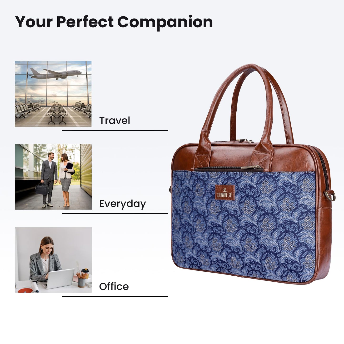 THE CLOWNFISH Deborah series 15.6 inch Laptop Bag For Women Tapestry Fabric & Faux Leather Office Bag Briefcase Messenger Sling Handbag Business Bag (Blue-Floral)