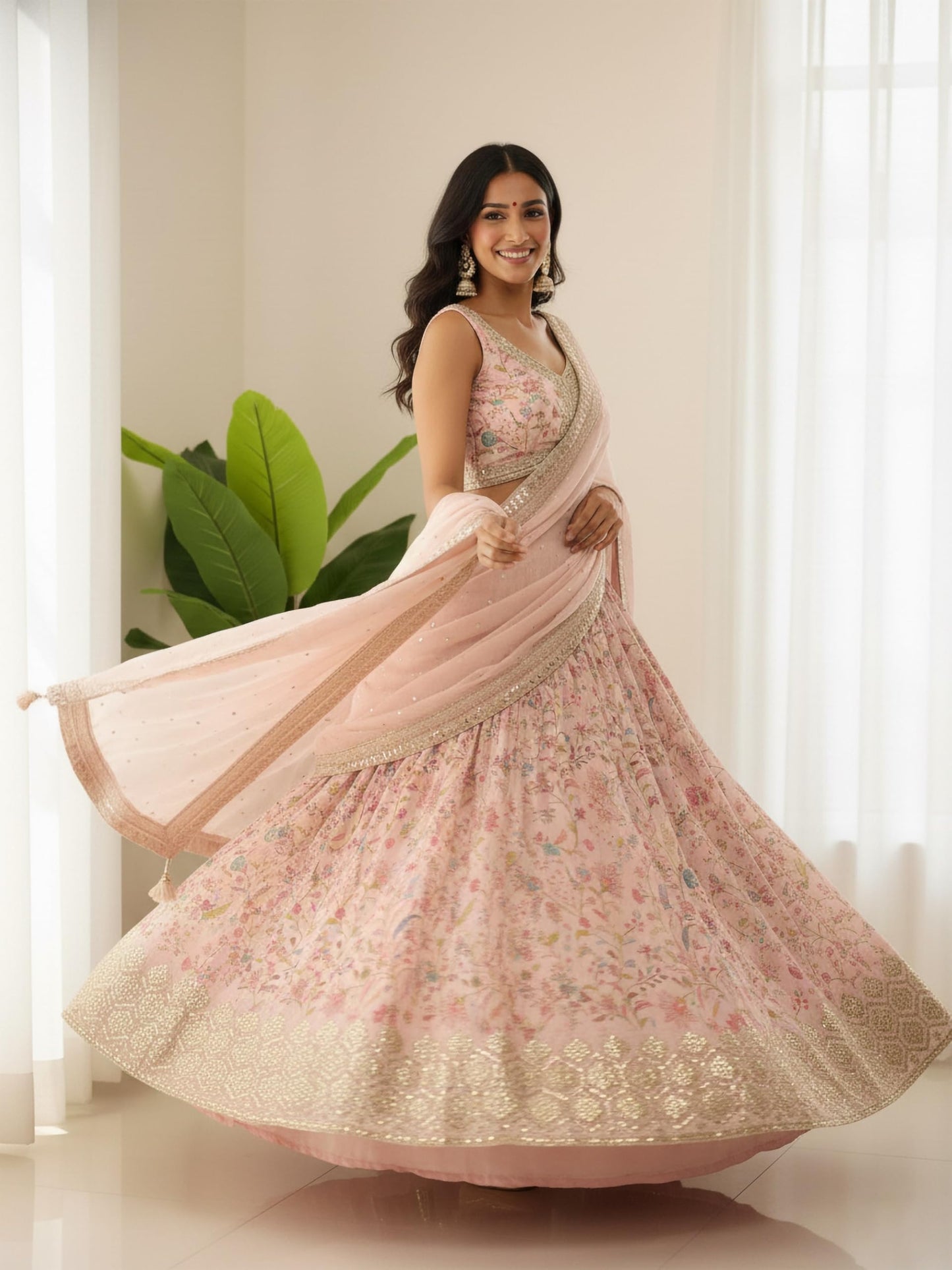 Zeel Clothing Women's Digital Print With Embroidered Organza Lehenga Choli With Dupatta (5104-Peach-Women-Lehenga-Choli-New, Free size)