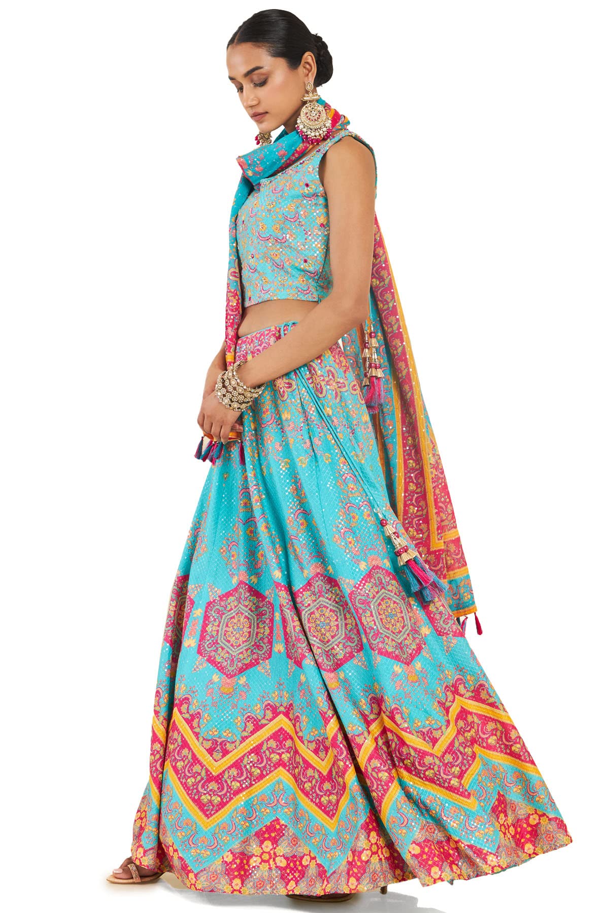 Soch Women Blue Cotton Blend Floral Lehenga Choli (8907175296448_Blue_Large)