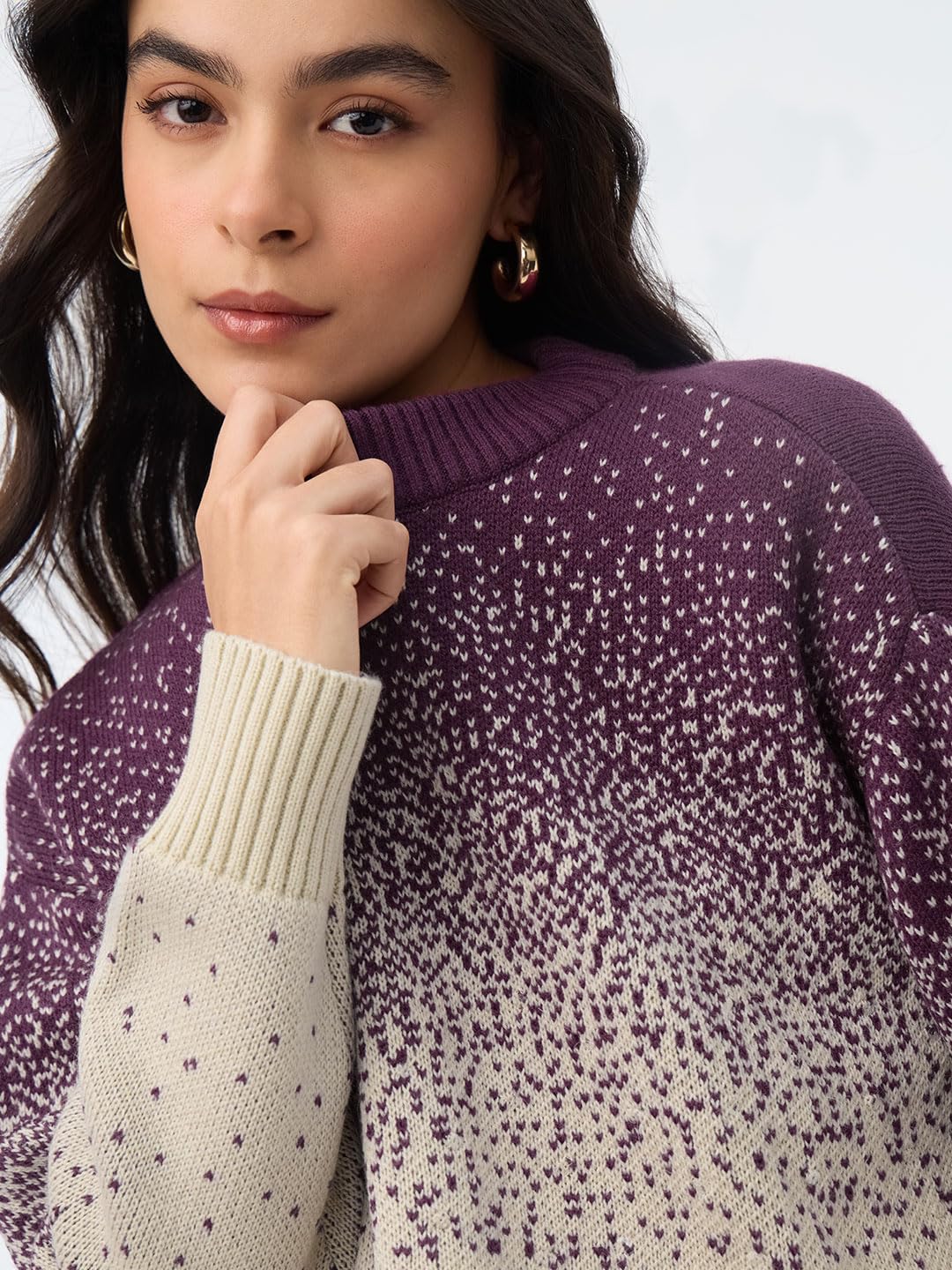 The Souled Store Starlight Women and Girls Full Sleeves Round Neck Purple and Beige Gradient Knitted Acrylic Ribbed Drop Shoulder Streetwear Casual Oversized Sweater