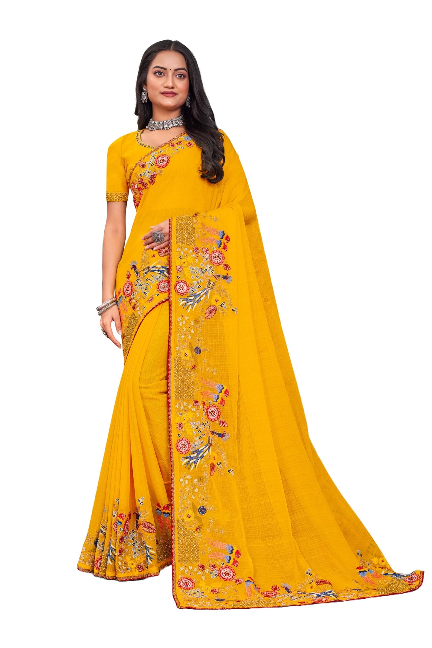 Laxmipati Haldiya Yellow Chiffon Floral Embroidered Saree