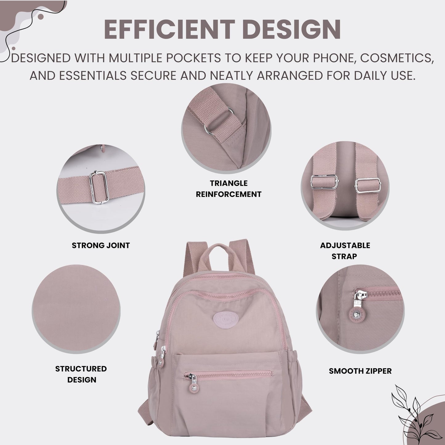 TS WITH TECHSUN Stylish Women Mini Backpack | Lightweight Travel Small Nylon Bag with Multiple Pockets | Anti-Theft Zipper Pocket | Casual, Work, Office, Picnic Backpack for Girls & Ladies (Purple)