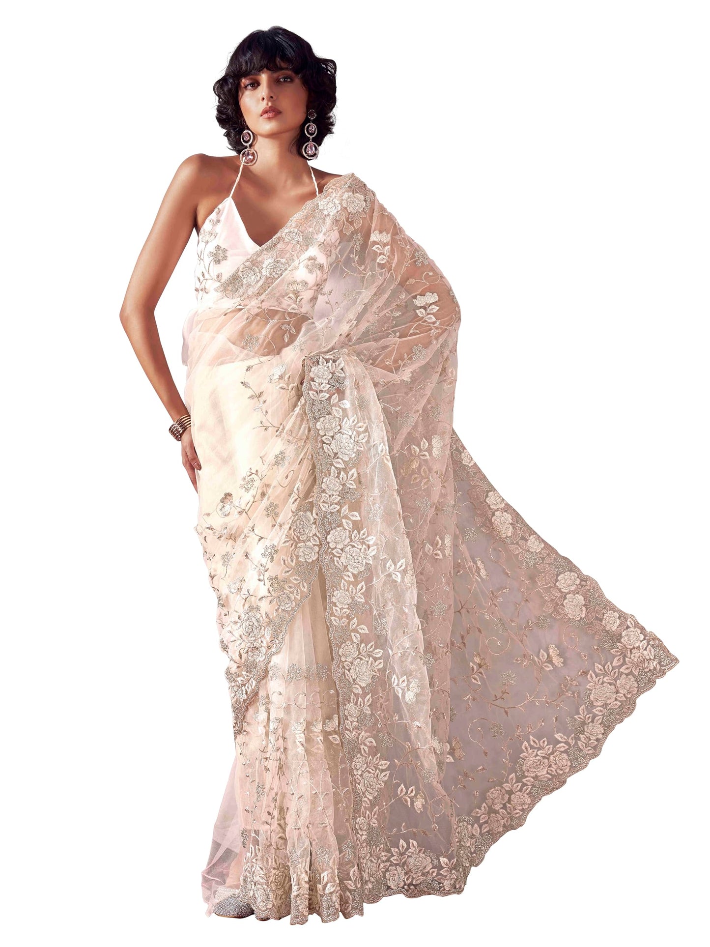 Womanista Women's Net Embroidered Saree (TI6580_Cream)