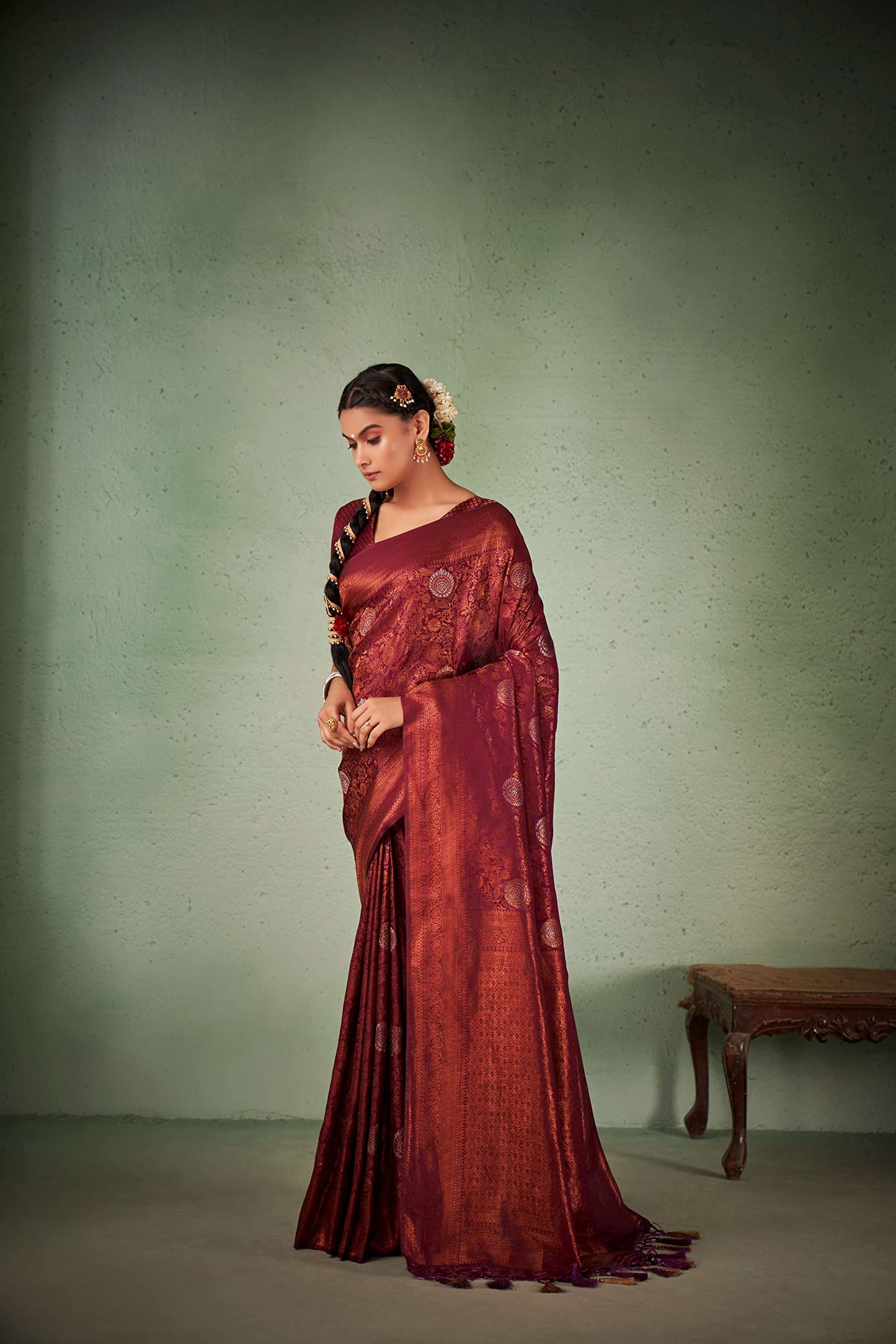 Vardha Women's Kanchipuram Art Silk Saree with Unstitched Blouse Piece - Copper Zari Woven Work Sarees for Wedding (Anvaya_550)