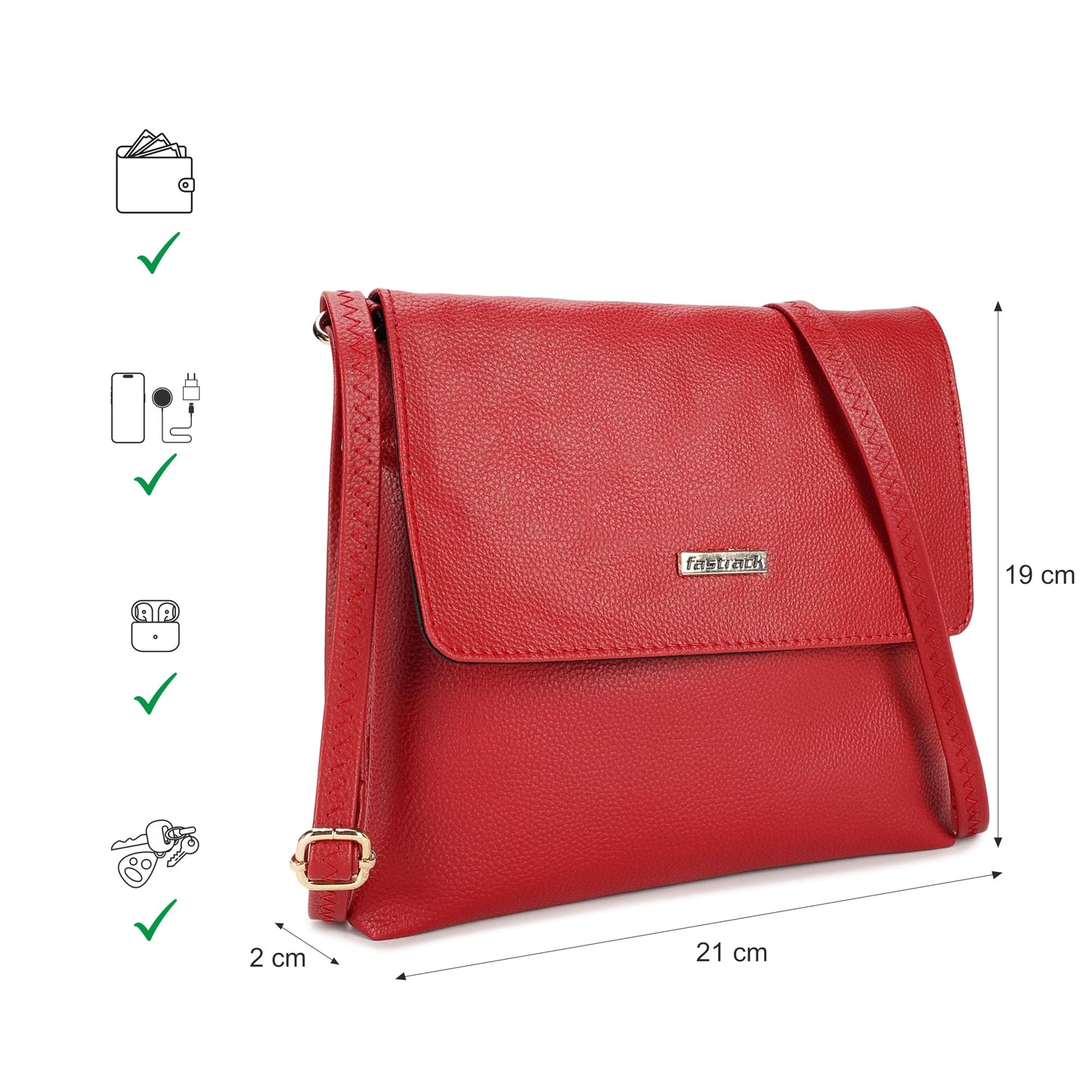 Fastrack Women's Solid Structured Sling Bag with Non-Detachable Sling Strap & Button Closure, Maroon