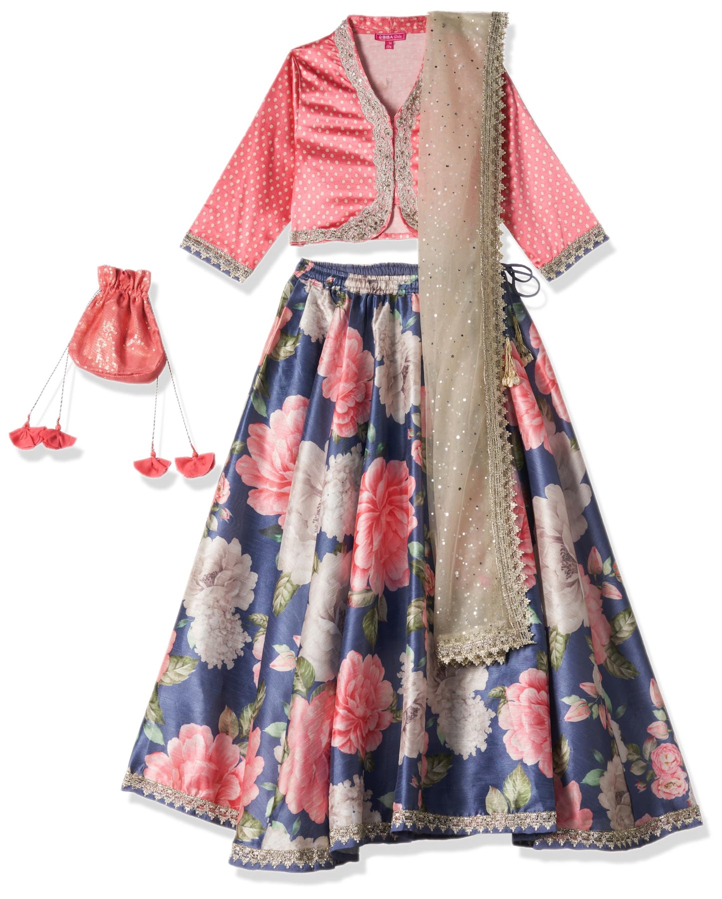 BIBA Girl Printed Skirt Kid(Kw4753_Pnk/Blu_15), Viscose, Lehenga Set, Readymade, Pink