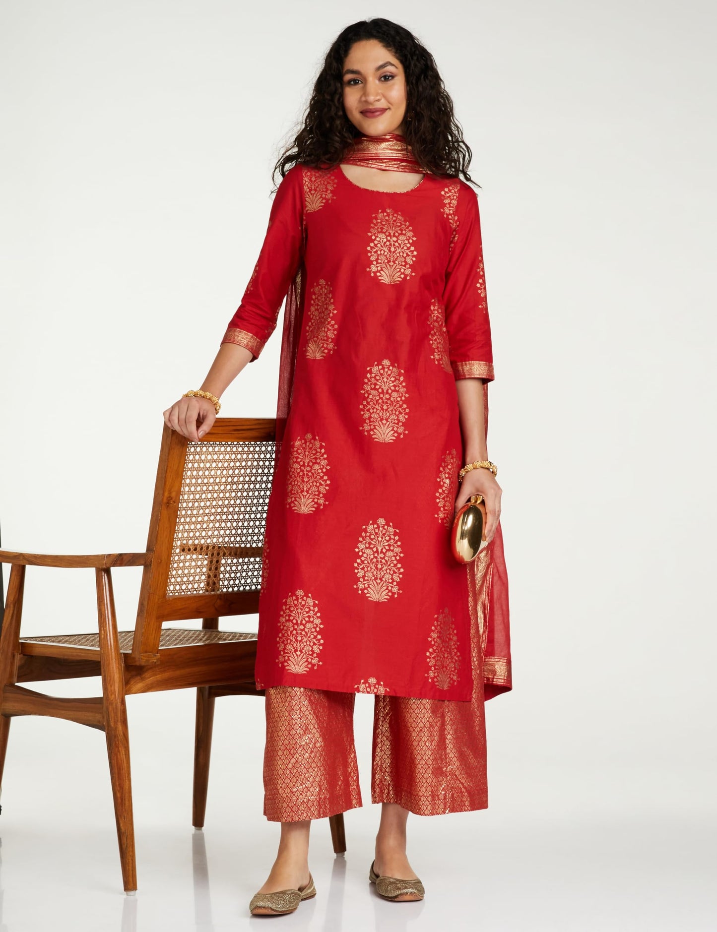 BIBA Women Cotton Printed Relaxed Salwar Kurta Dupatta(Skd7074_Red_36)