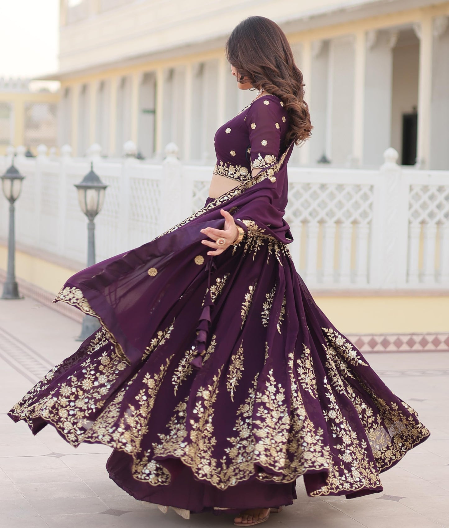 Fashion Basket Georgette Embroidery Stiched Lehenga Choli Duptta Set for Women (Wine, Free)