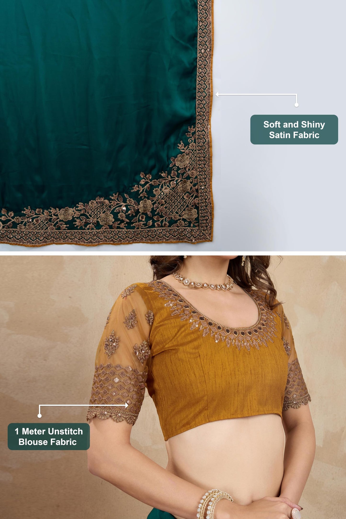 TRENDMALLS Women's Satin Golden Sequin Embroidery work Saree with Unstitched Blouse Piece (K1163-Green-)