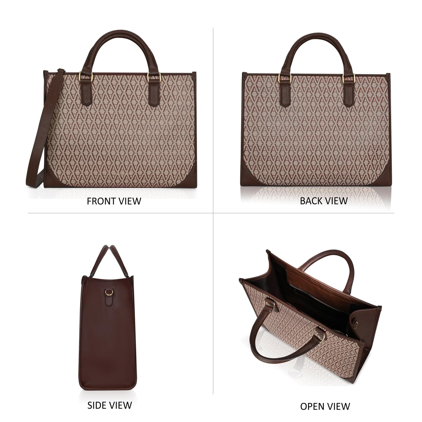 Accessorize London Women's Brown Bette Monogram Large Sized Tote Bag With Adjustable Strap And Top Handles| Fits Upto 15 Inch Laptop | Tote Laptop Bag for Work| Stylish Shoulder Bag | Gift For Women