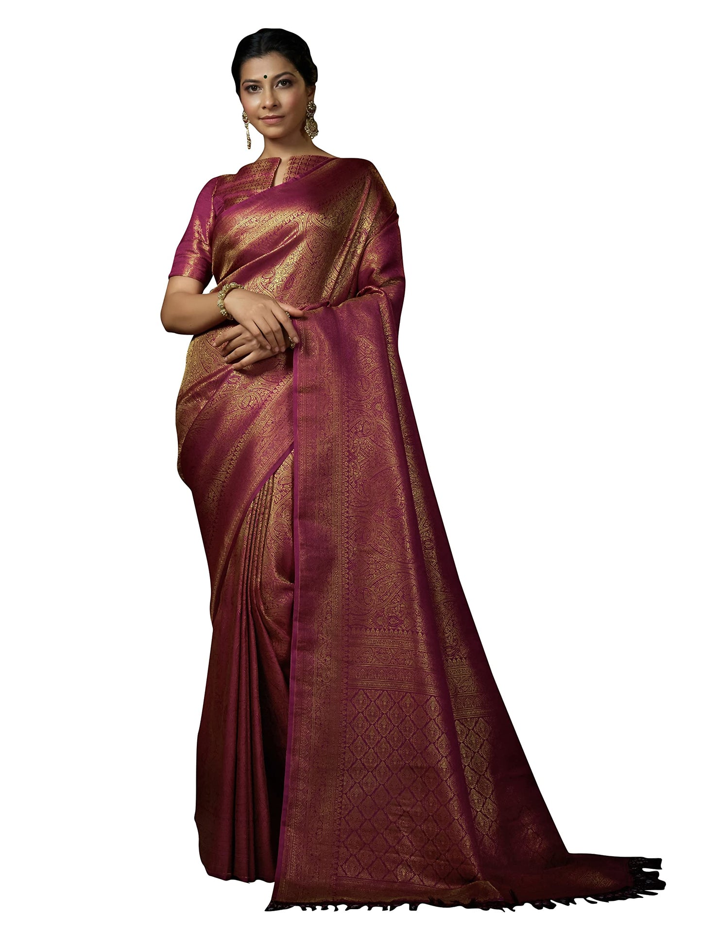 Vardha Women's Kanchipuram Art Silk Saree with Unstitched Blouse Piece - Zari Woven Work Sarees for Wedding (Asya Silk, 388, Wine)