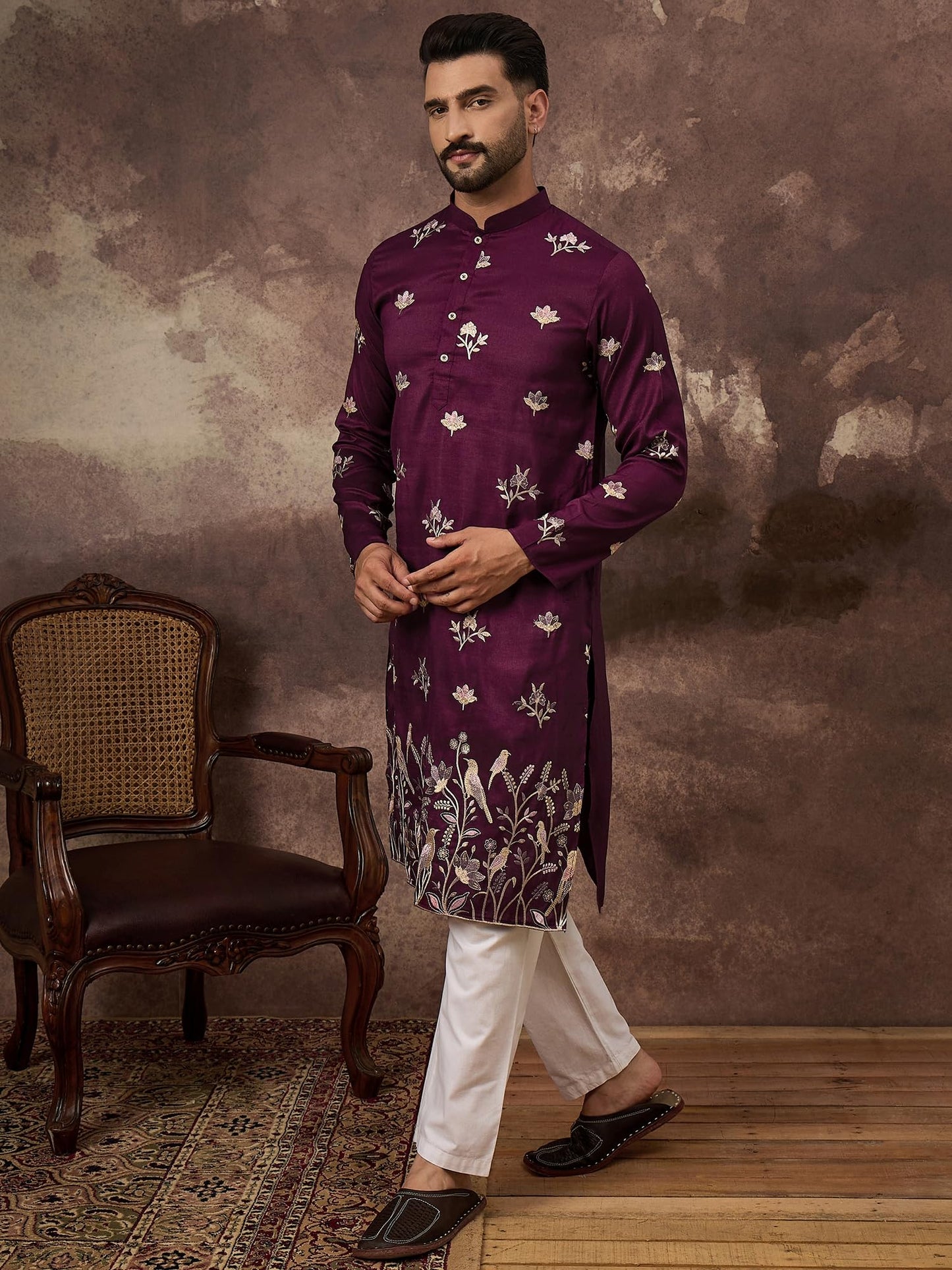 Ethnic Bay Men's Purple Silk Blend Solid Embroidered Calf Length Kurta's | Embroidered Kurta for Men | Straight Fit Kurtas for Mens (MKU1340, S)