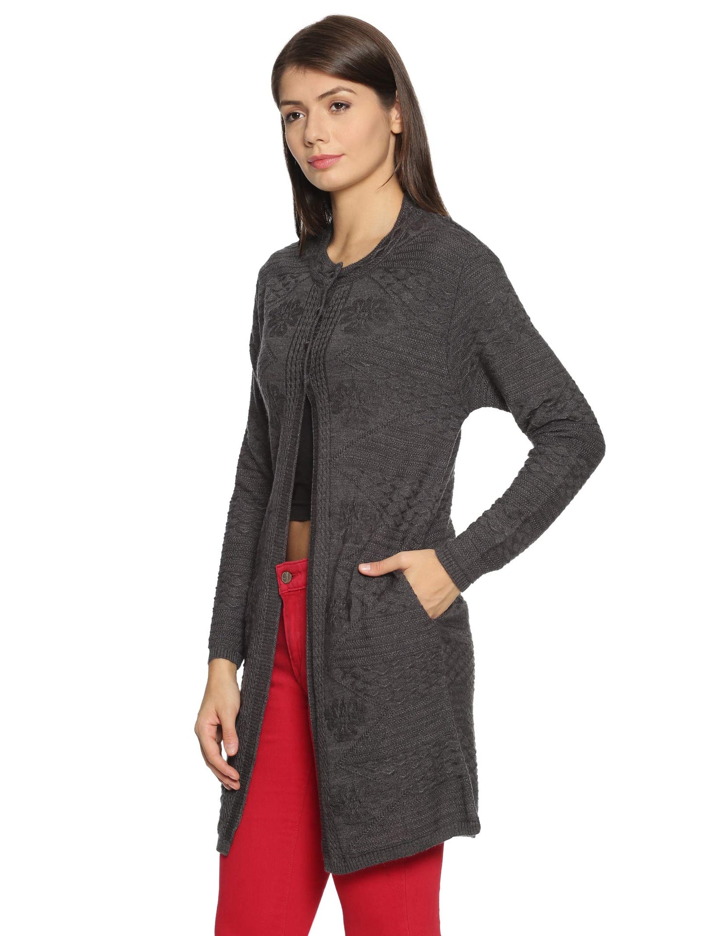 Clapton Winter WearWool Blend Round Neck Full Sleeve Button Self Design/Solid Long Shrug for Women-REXNV4001-MDGREY_L Grey