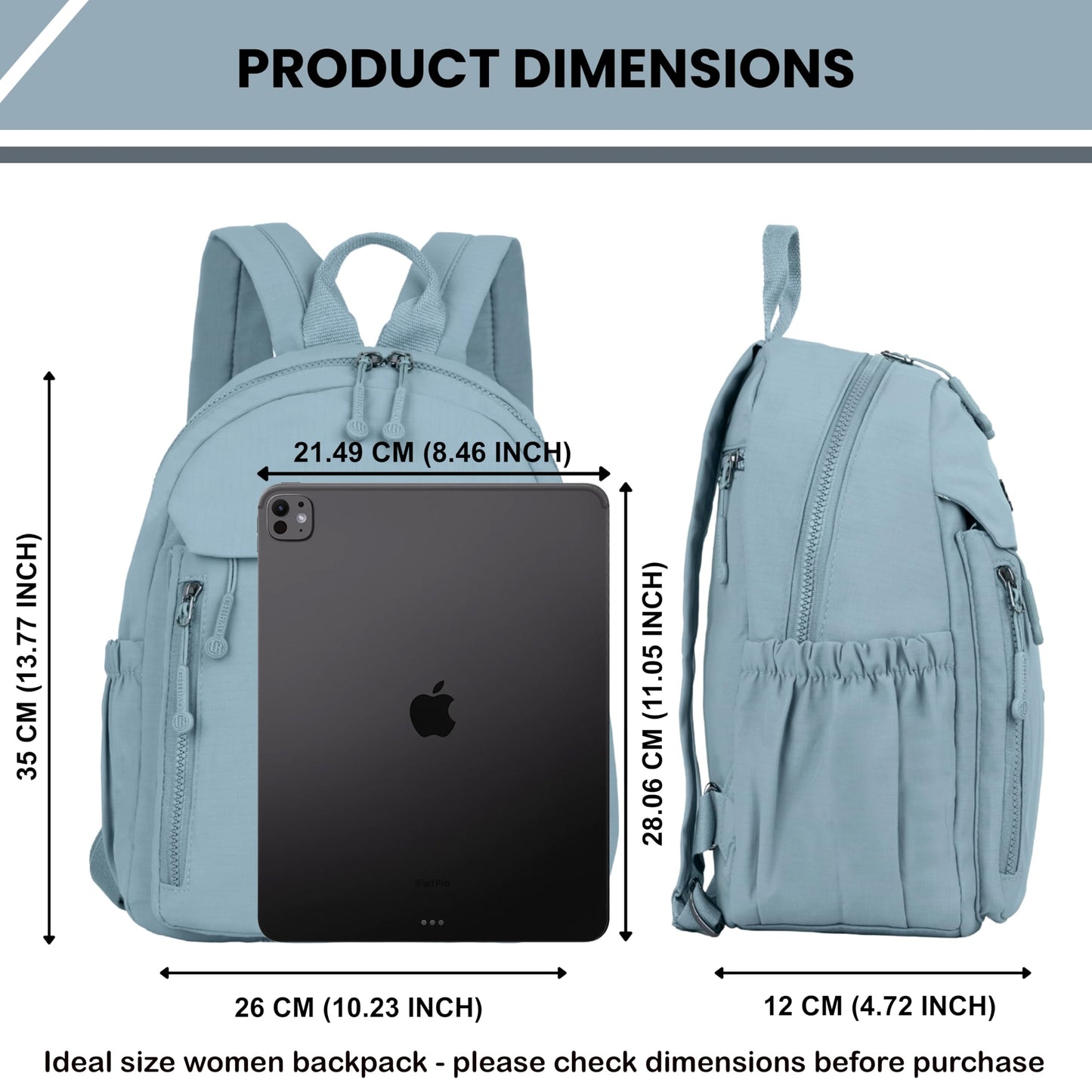 12o12 Women Backpack for College, Office, Travel, Daily Use, Outdoor, Lightweight Water Resistant Nylon Stylish Daypack Bag with Multiple Pockets, Adjustable Straps, Durable Zipper (Pastel Blue)