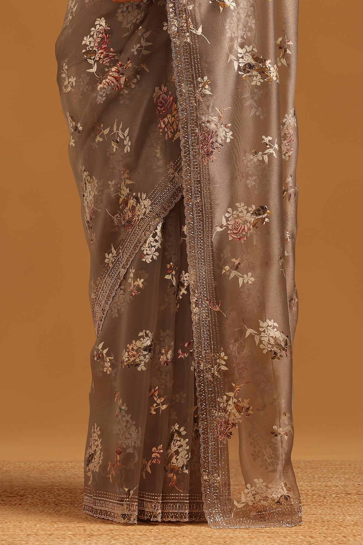 Soch Womens Grey Organza Floral Saree With Stone Work