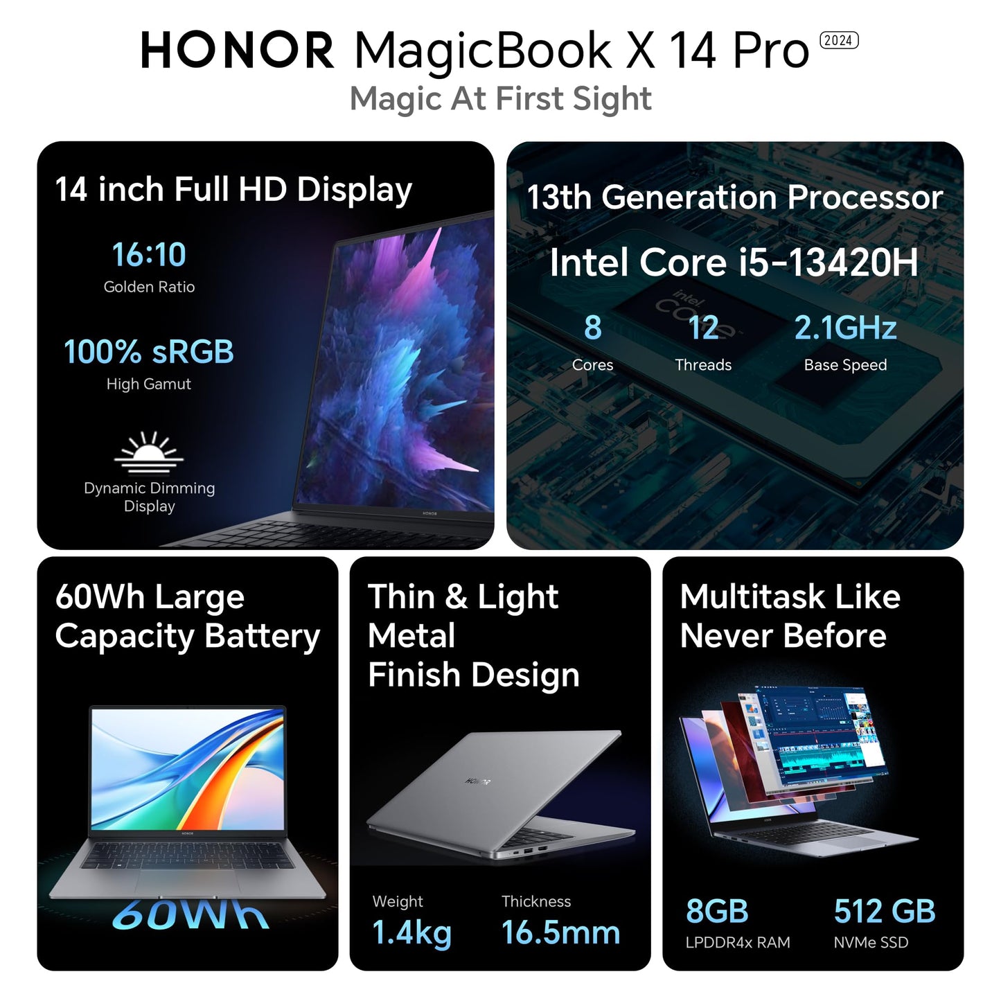 HONOR MagicBook X14 Pro 2024, 13th Gen Intel Core i5-13420H (8GB/512GB NVMe SSD, 14-inch (35.56 cm) FHD IPS Anti-Glare Thin and Light Laptop/Windows 11/Backlit Keyboard/Fingerprint/1.4Kg), Gray