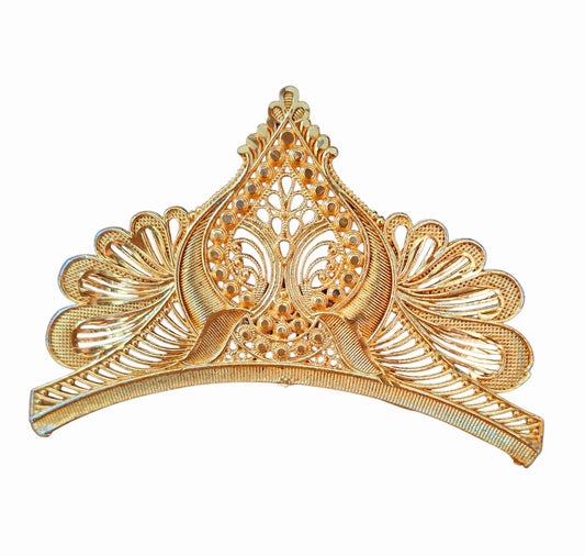 BengCraft Beautiful Bridal Golden Color Metal Front Mukut for Bengali Bride | Gold Plated Head Crown Hair Accessories for Girls for Dance | Dulhan's WeddingTiara Taj for Women | Bada Big Size Mutuk for God and Goddes Idols Krishna, Laddu Gopal, Durga Devi