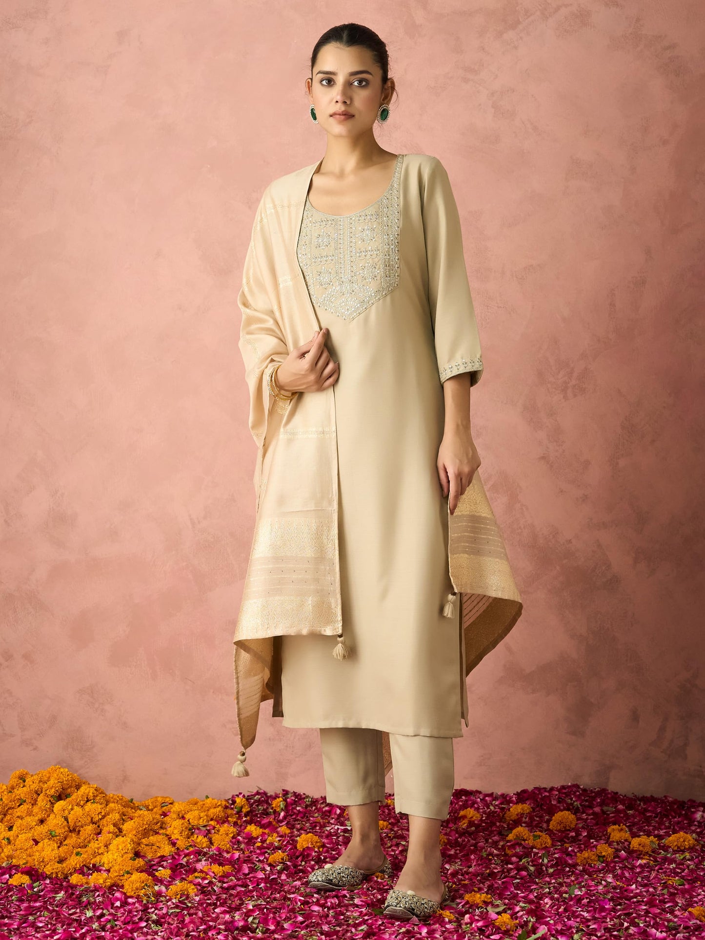 Hritika Cotton Blend Embroidered Kurta with Pants and Dupatta Set | Ethnic Set | Suit Set | Kurta Set | Wedding Suit Set for Women