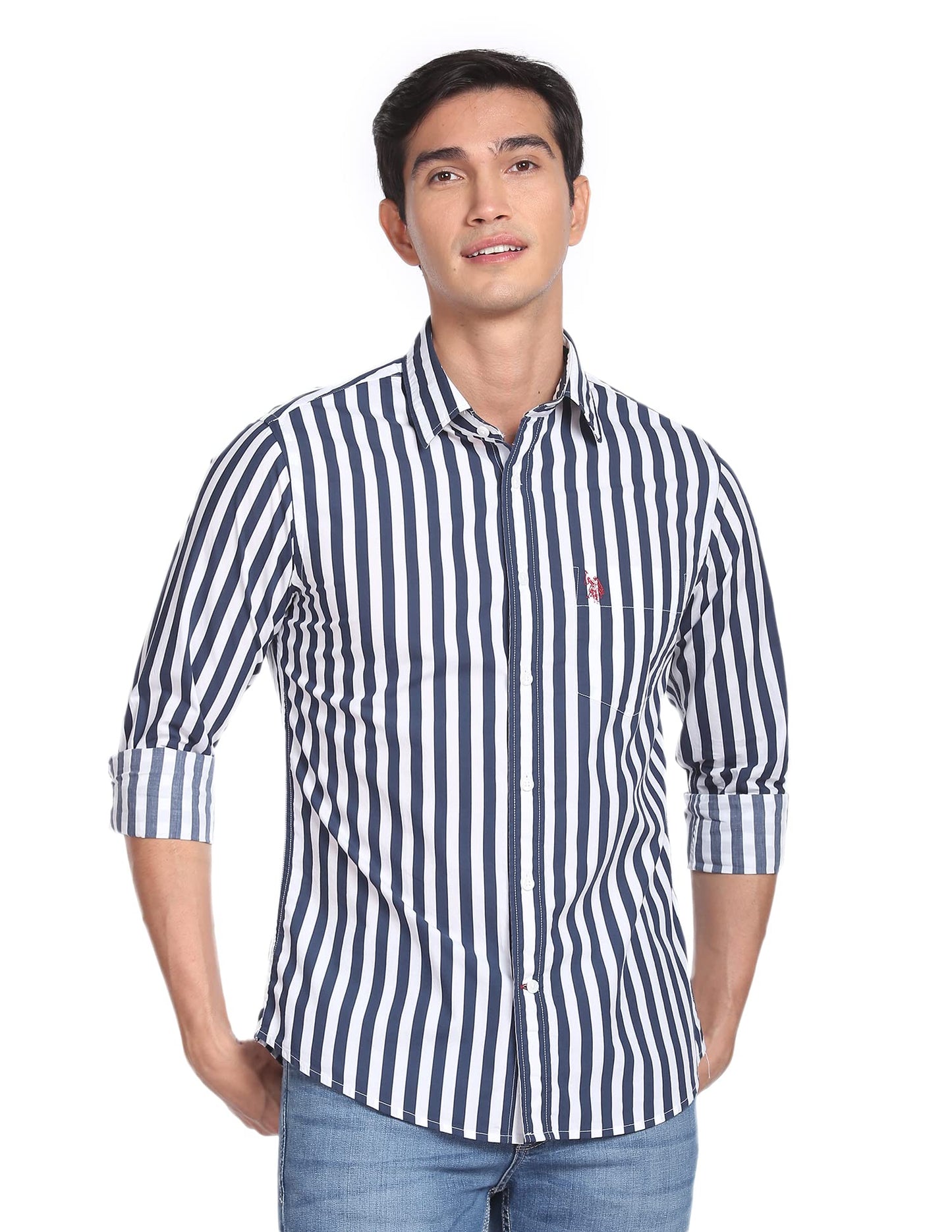 U.S. POLO ASSN. Mens Cotton Printed Stripe Fs Regular Fit Shirts (Usshtfx0072_Navy_Large)