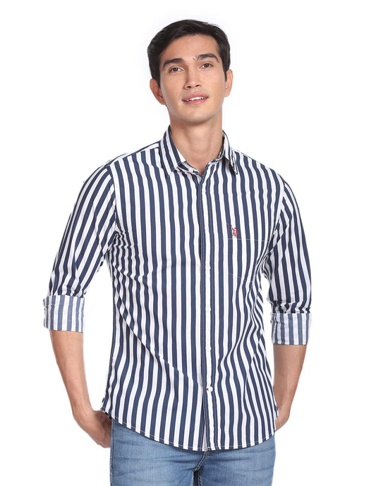 U.S. POLO ASSN. Mens Cotton Printed Stripe Fs Regular Fit Shirts (Usshtfx0072_Navy_Large)
